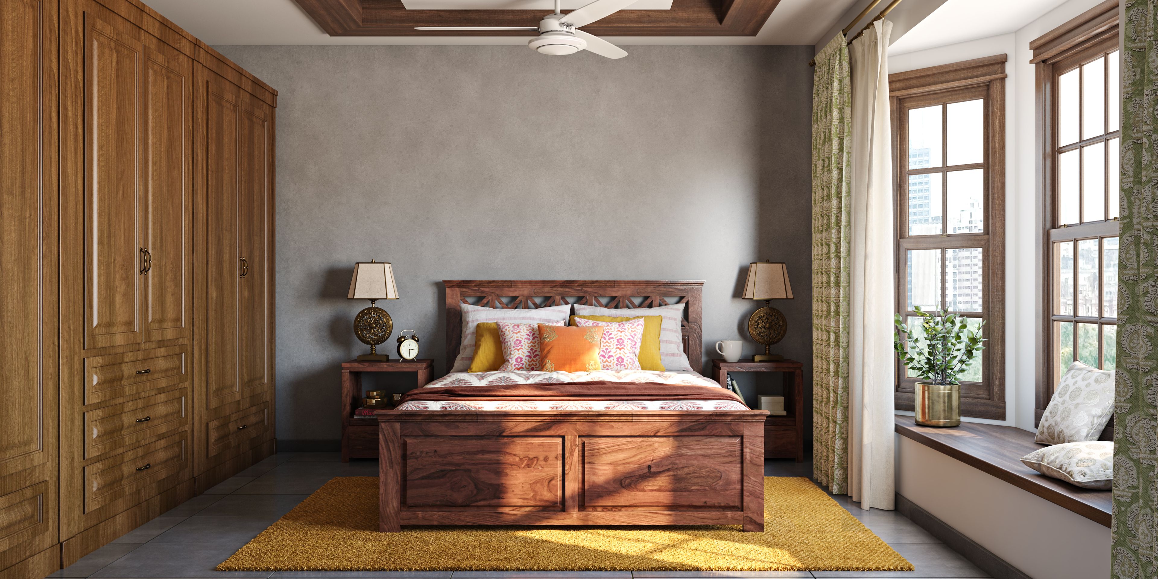 Beautiful Indian Traditional Master Bedroom With Oak Wood Furniture And Window Side Seating