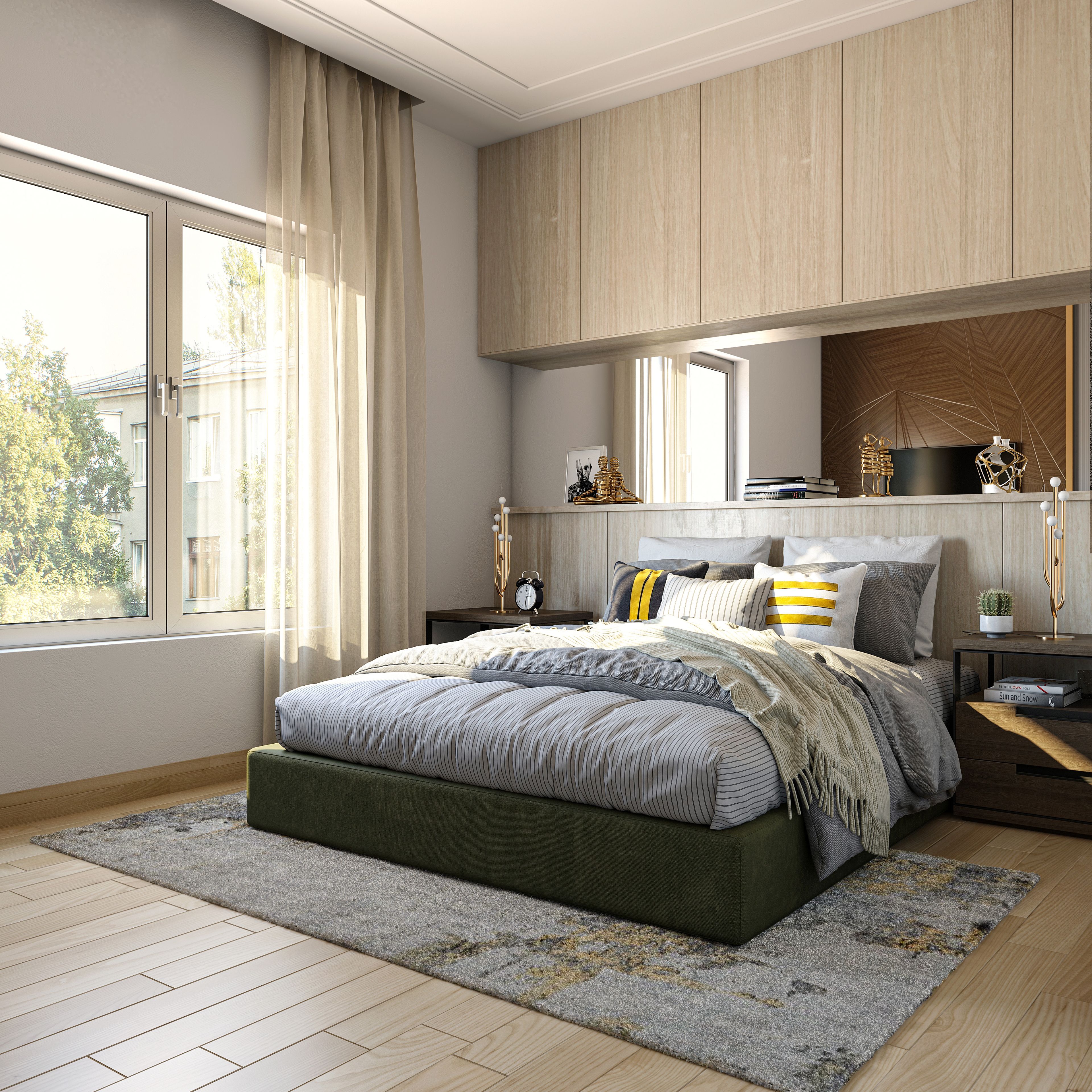 Modern Minimal Master Bedroom With A Large Mirror And Headboard