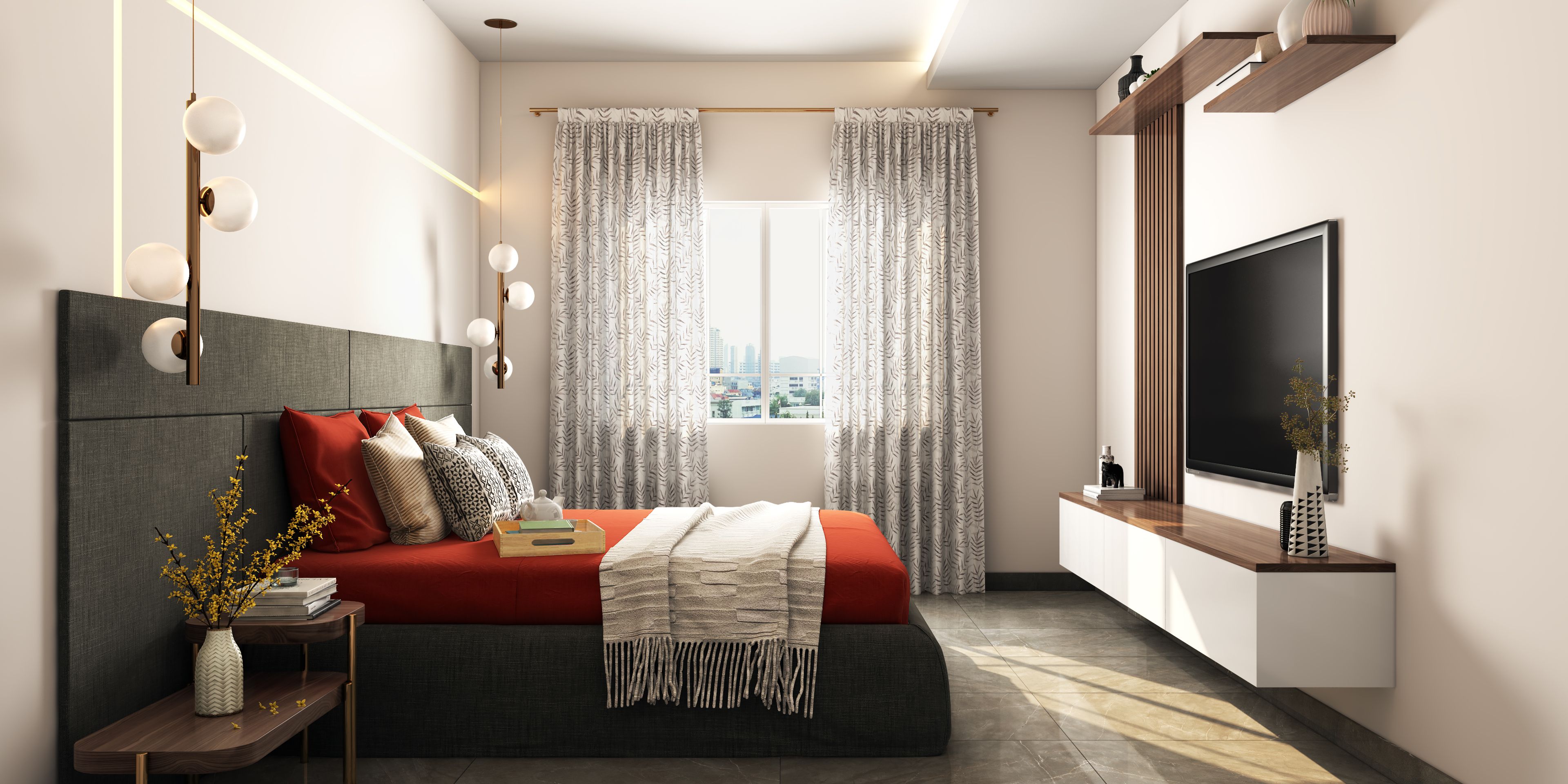 Spacious Modern Master Bedroom In Black And Red With TV Unit