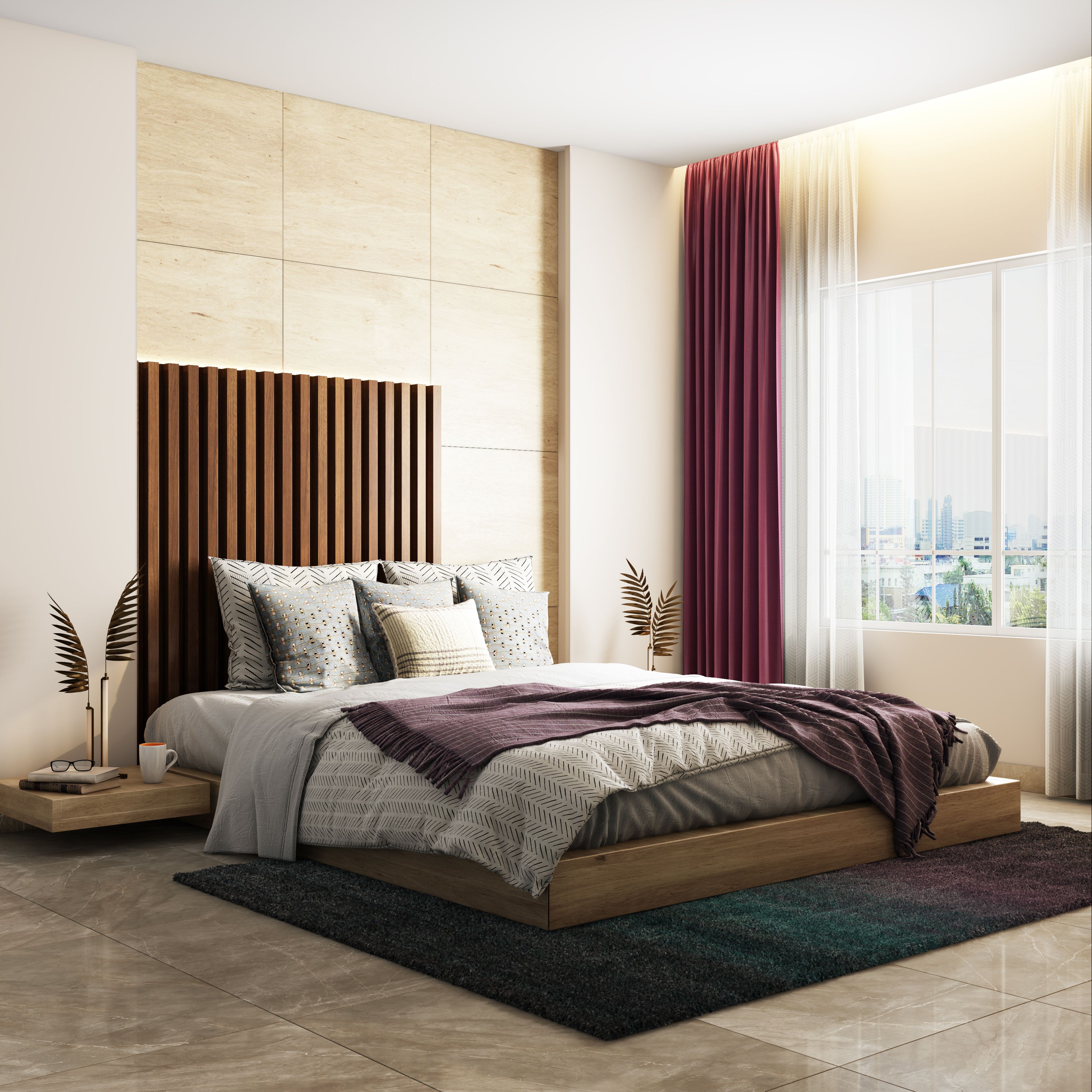 Elegant Mediterranean Master Bedroom With Wooden Headboard And Laminated Wall