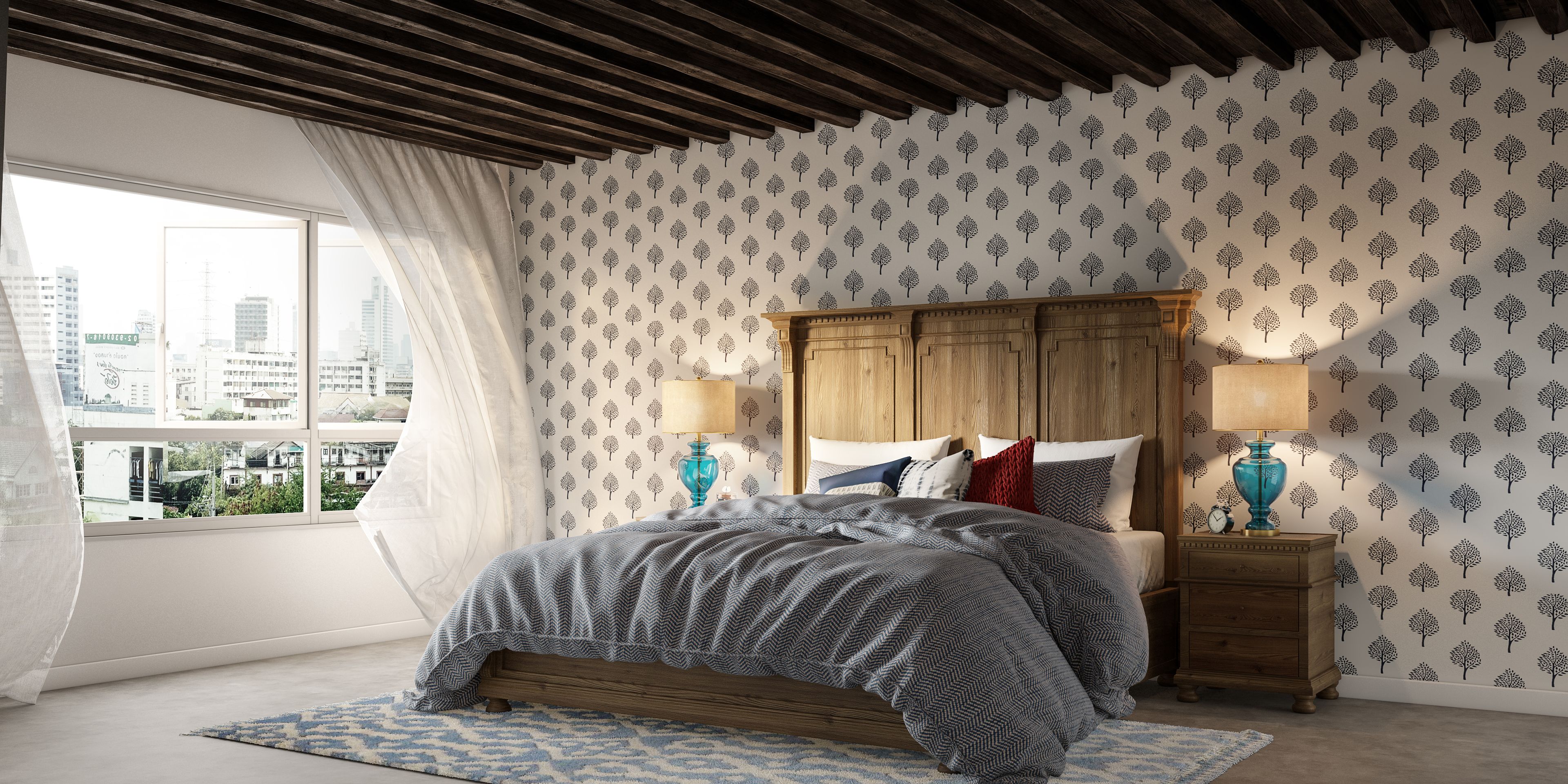 Spacious Traditional Master Bedroom With Wooden Rafter False Ceiling