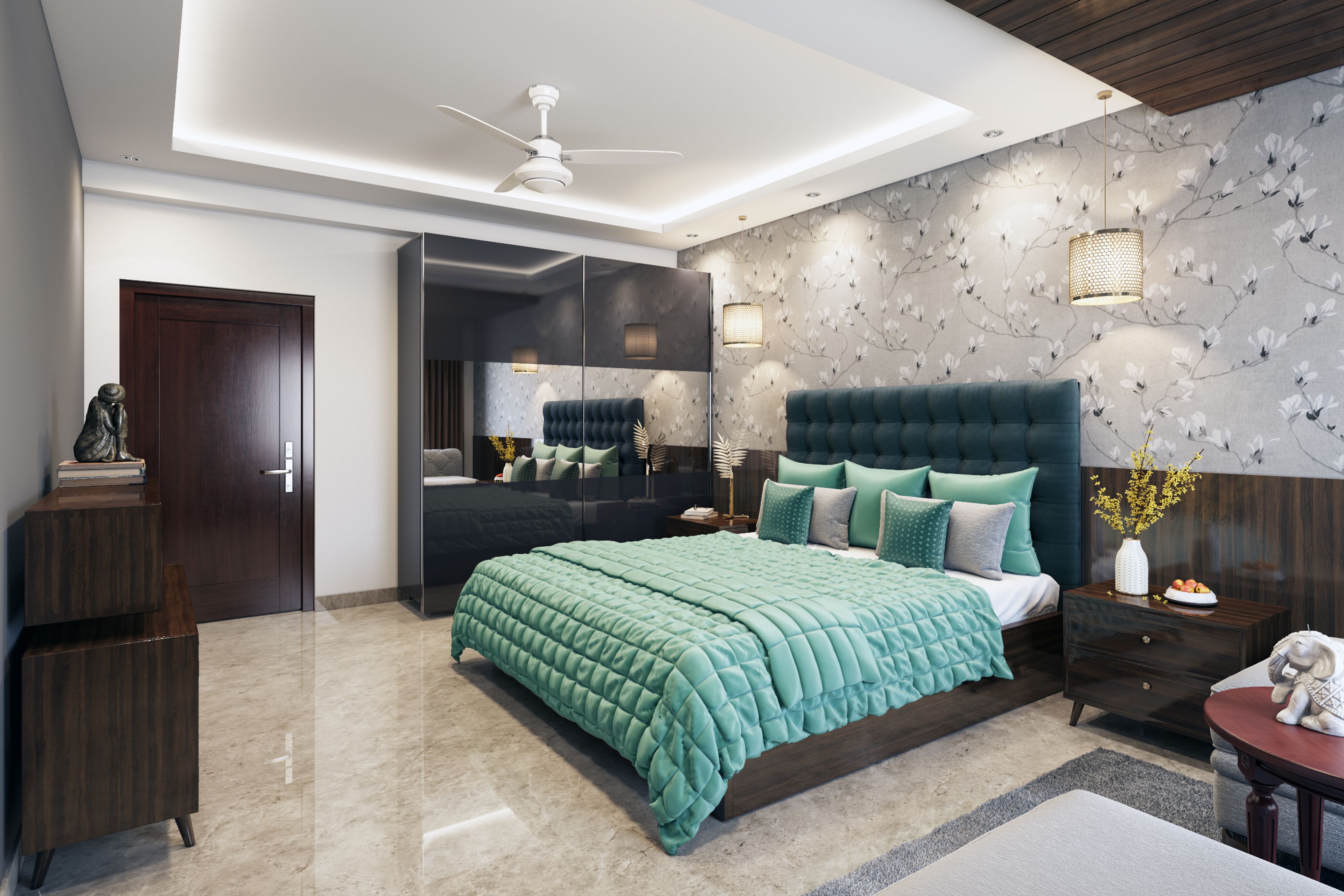 Spacious Contemporary Master Bedroom With Floral Wallpaper And Floor-to-ceiling Wardrobes