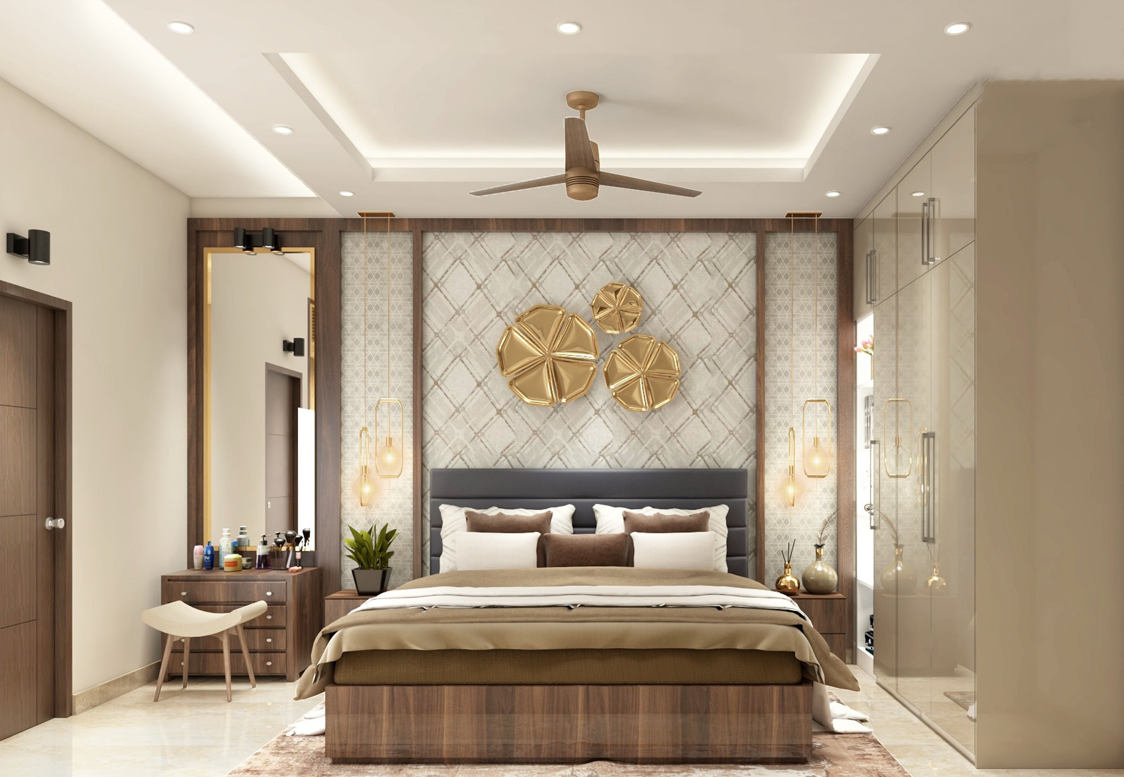 Classic Master Bedroom With Mirrors And Simple False Ceiling