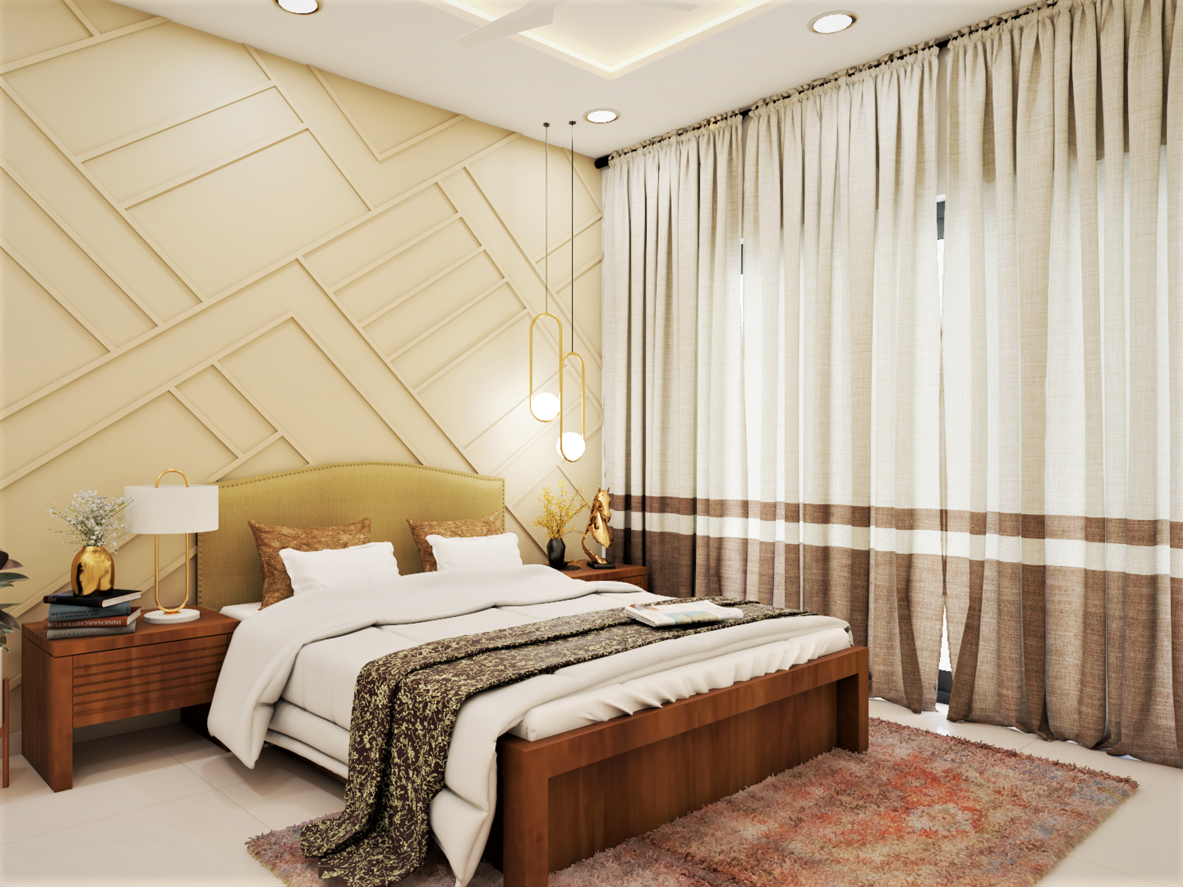 Luxurious Modern Master Bedroom With Wooden Wall Trims And Storage Bed