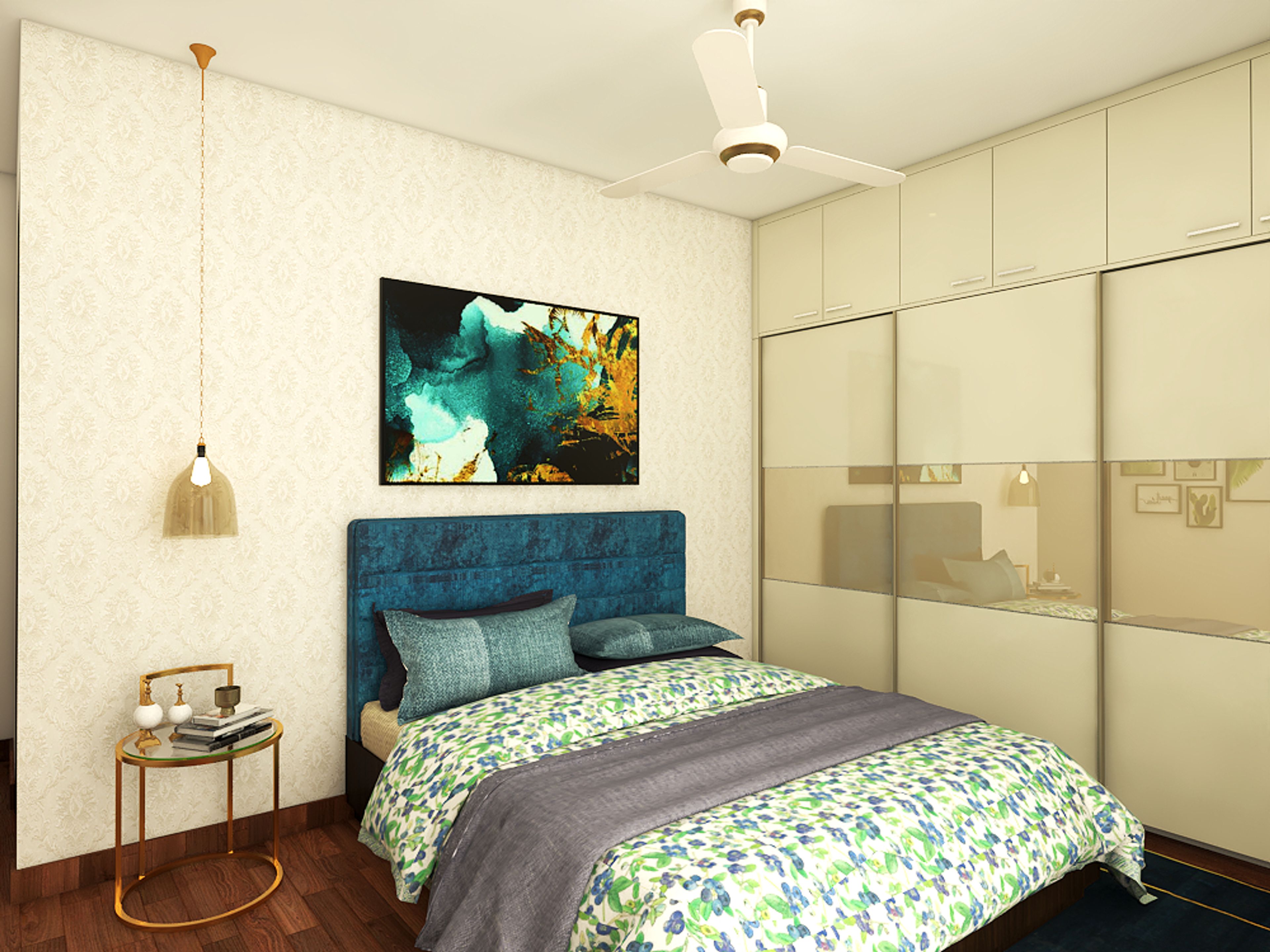 Small Contemporary Master Bedroom With Embossed Wallpaper And Drop Lights