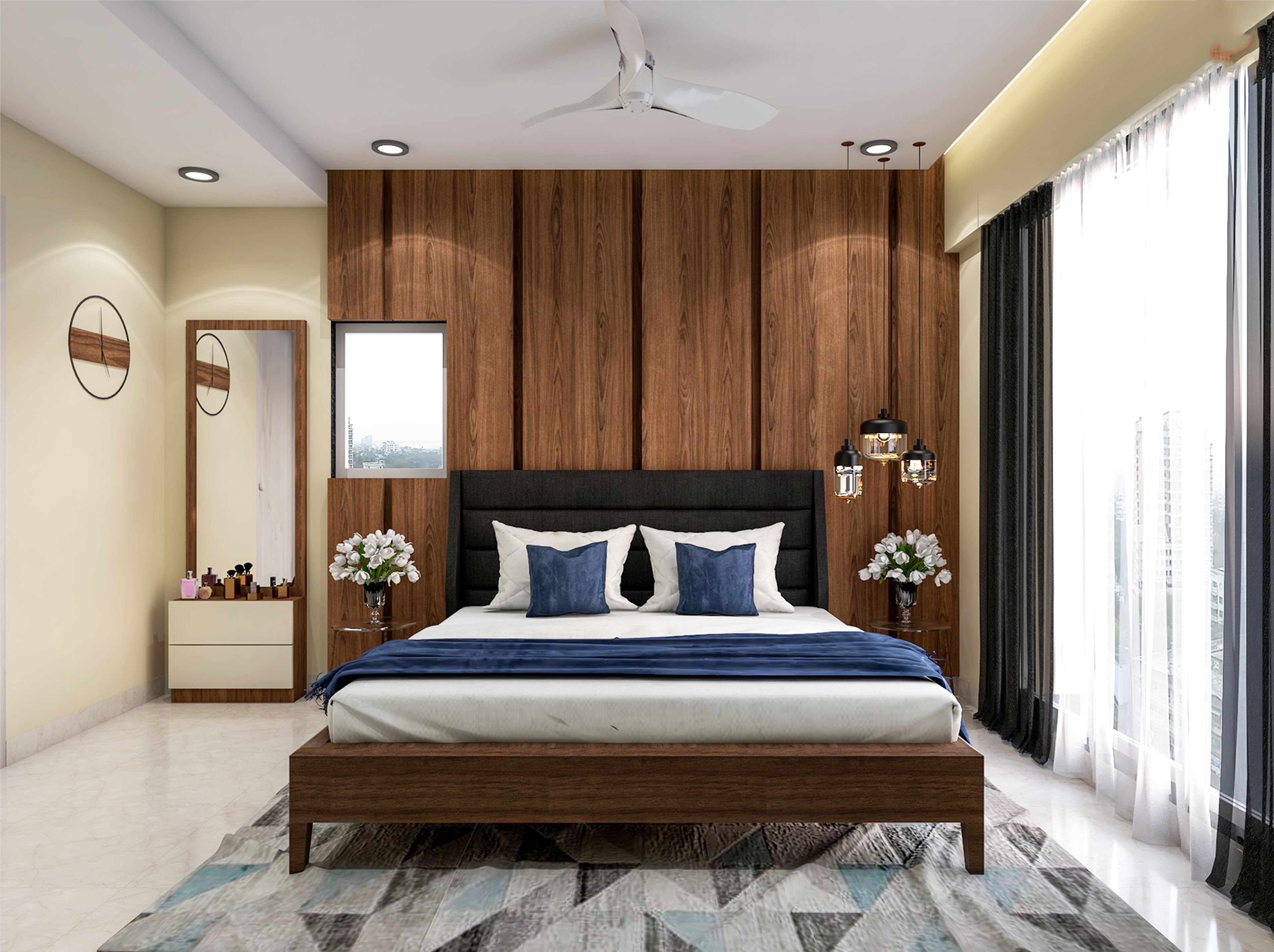 Spacious Minimal Master Bedroom With Wooden Panelling On Wall And King Size Bed