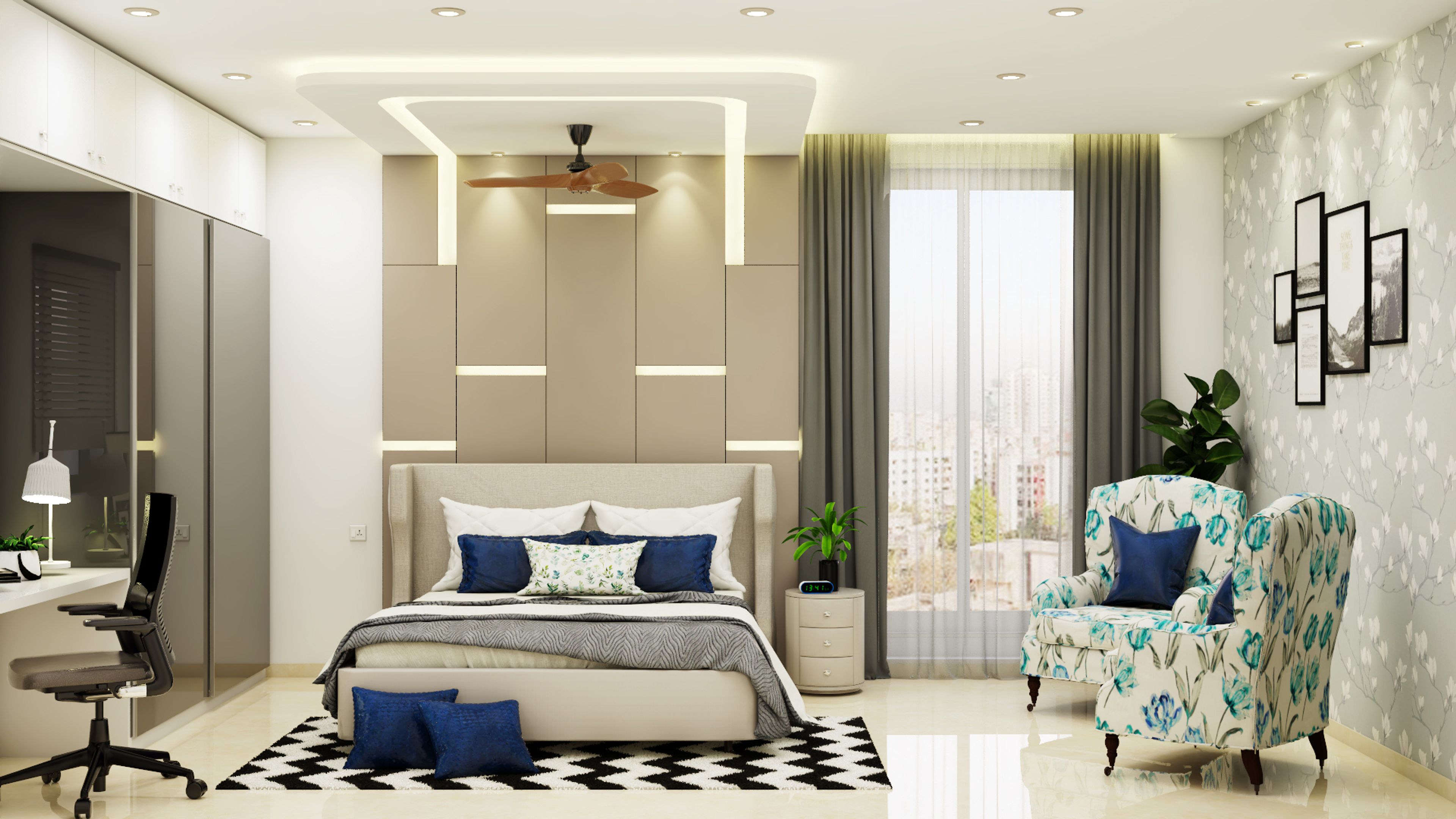 Spacious Minimal Master Bedroom With Linear False Ceiling