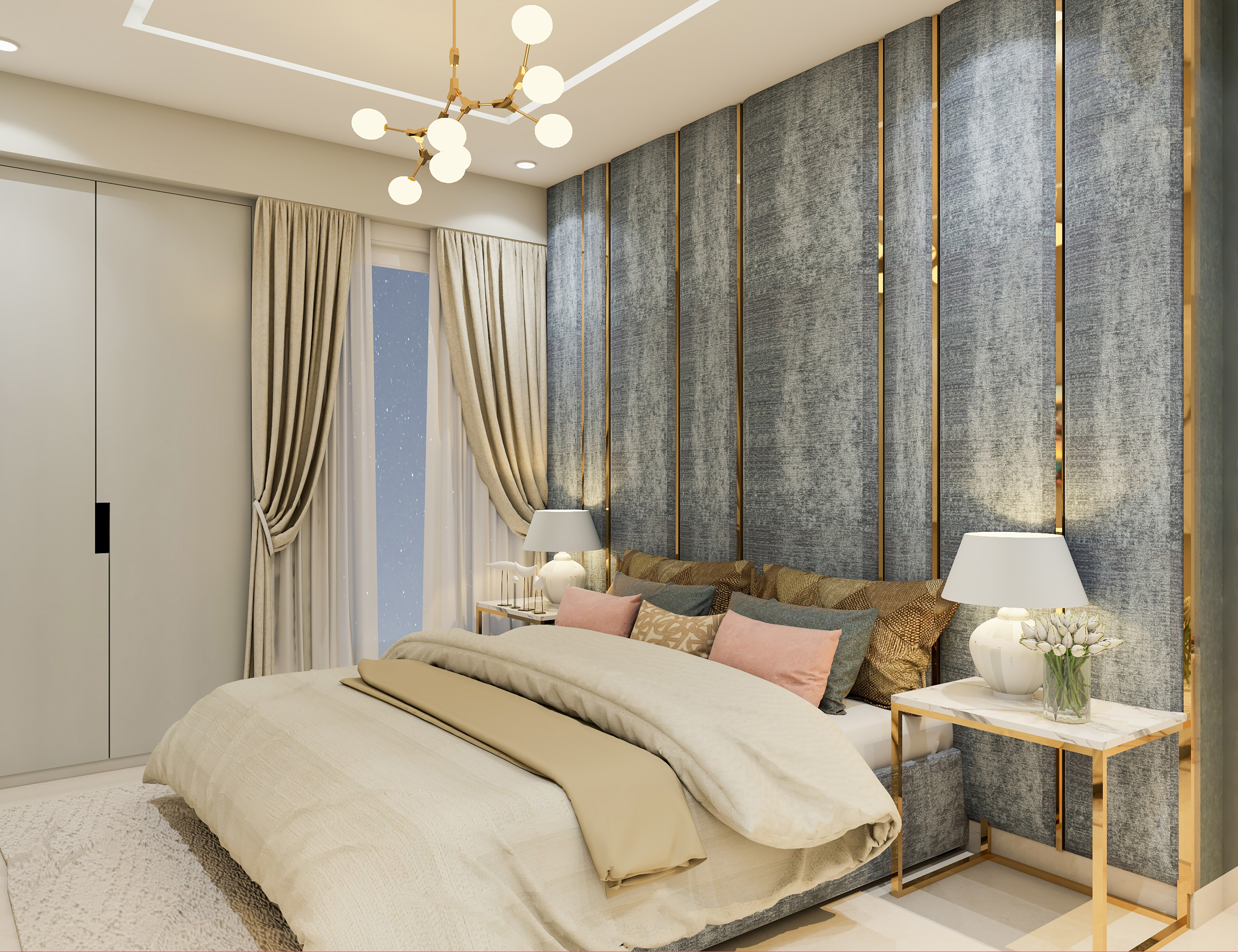 Simple Victorian Master Bedroom With Dark Coloured Wallpaper And Ornamental Light Fixtures