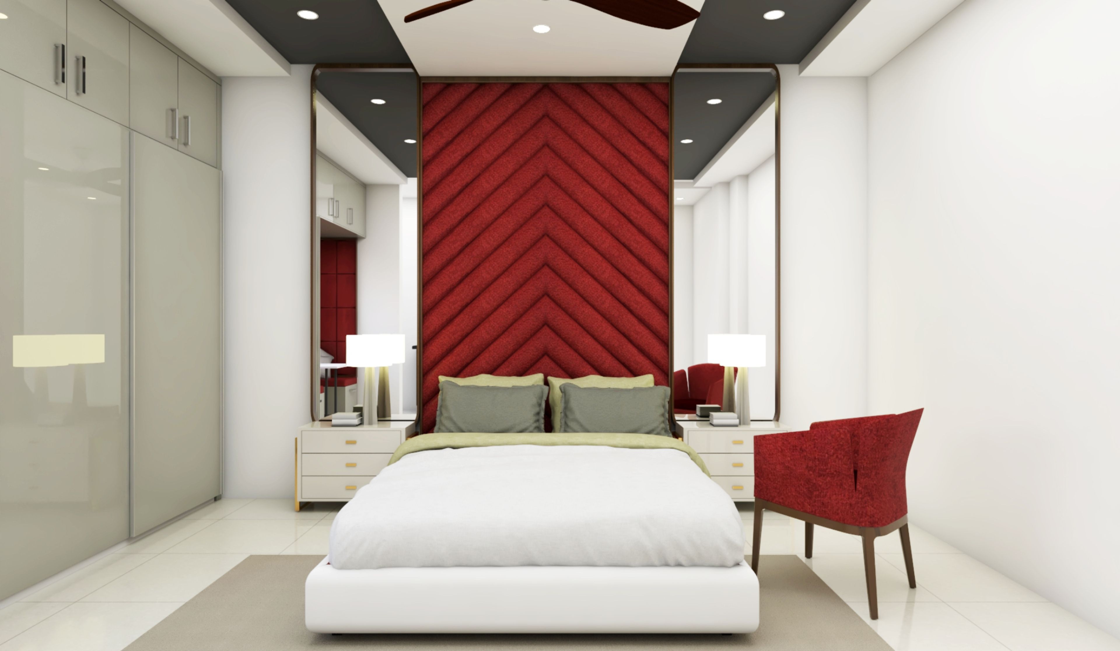 Spacious Eclectic Master Bedroom With Mirrors And Velvet Upholstery