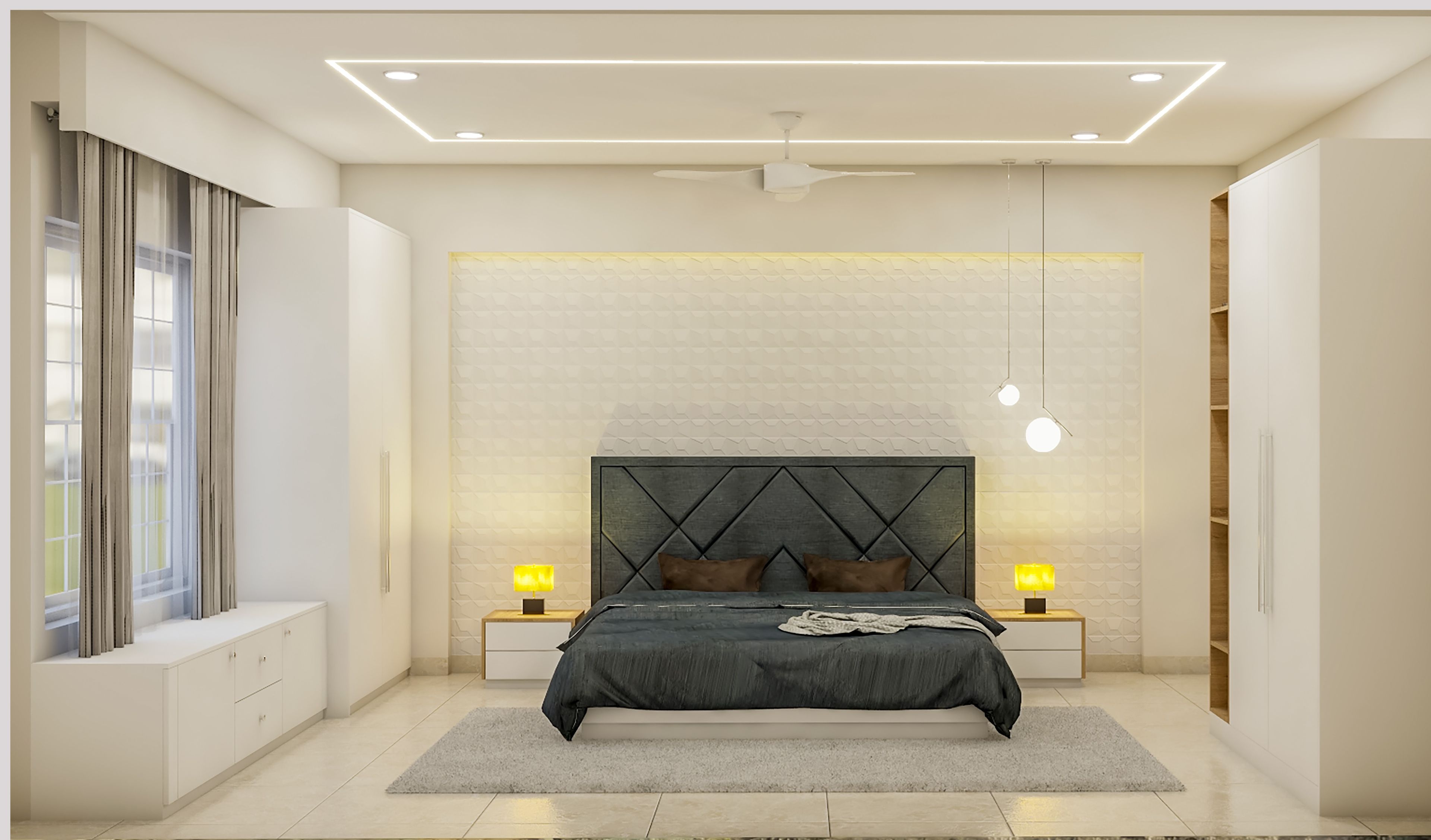 Royal Minimal Glam Master Bedroom With Glossy White Wardrobes And Fine Ceiling Lights