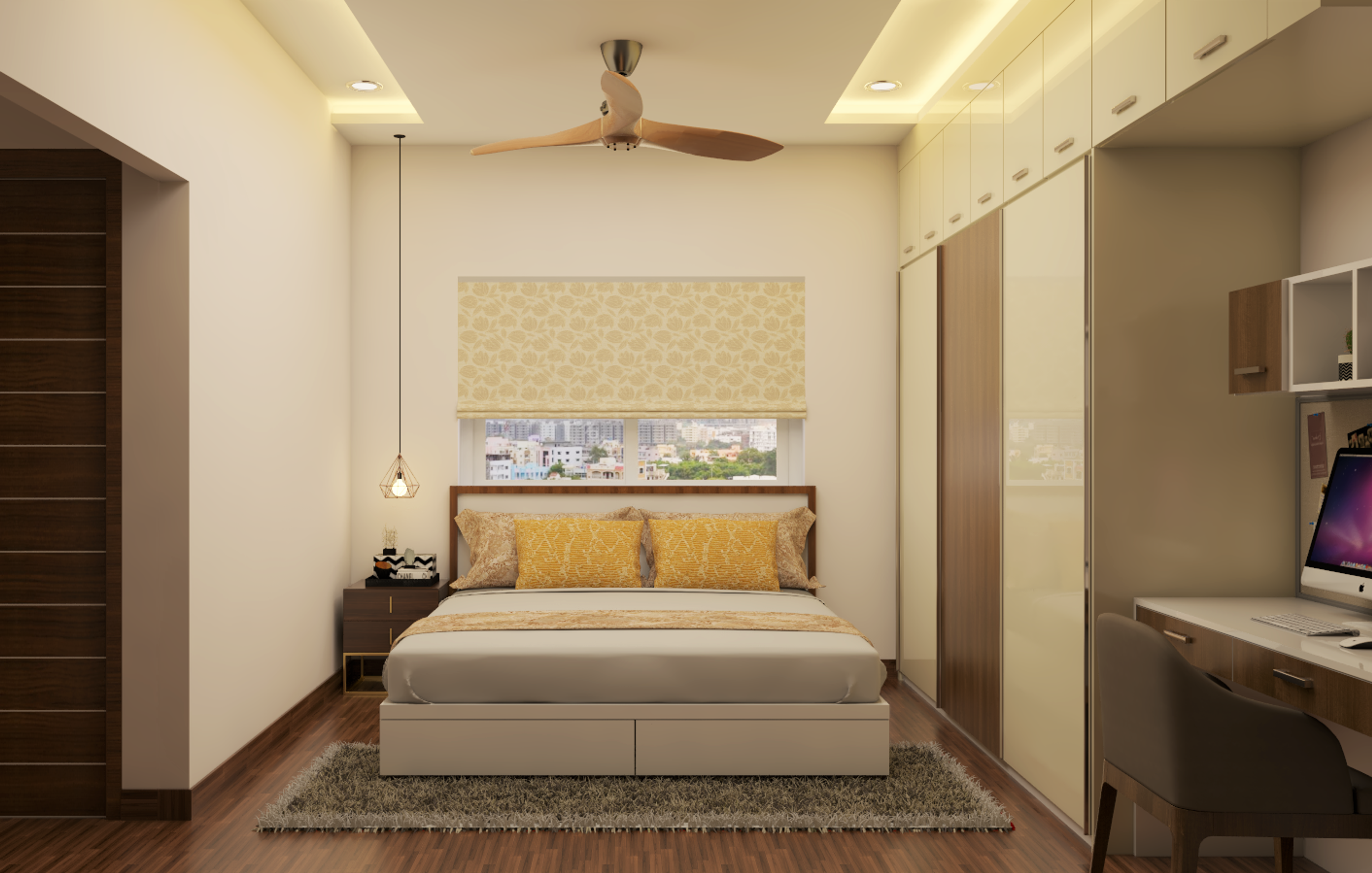Small Modern Master Bedroom In Warm Colours With Study Unit