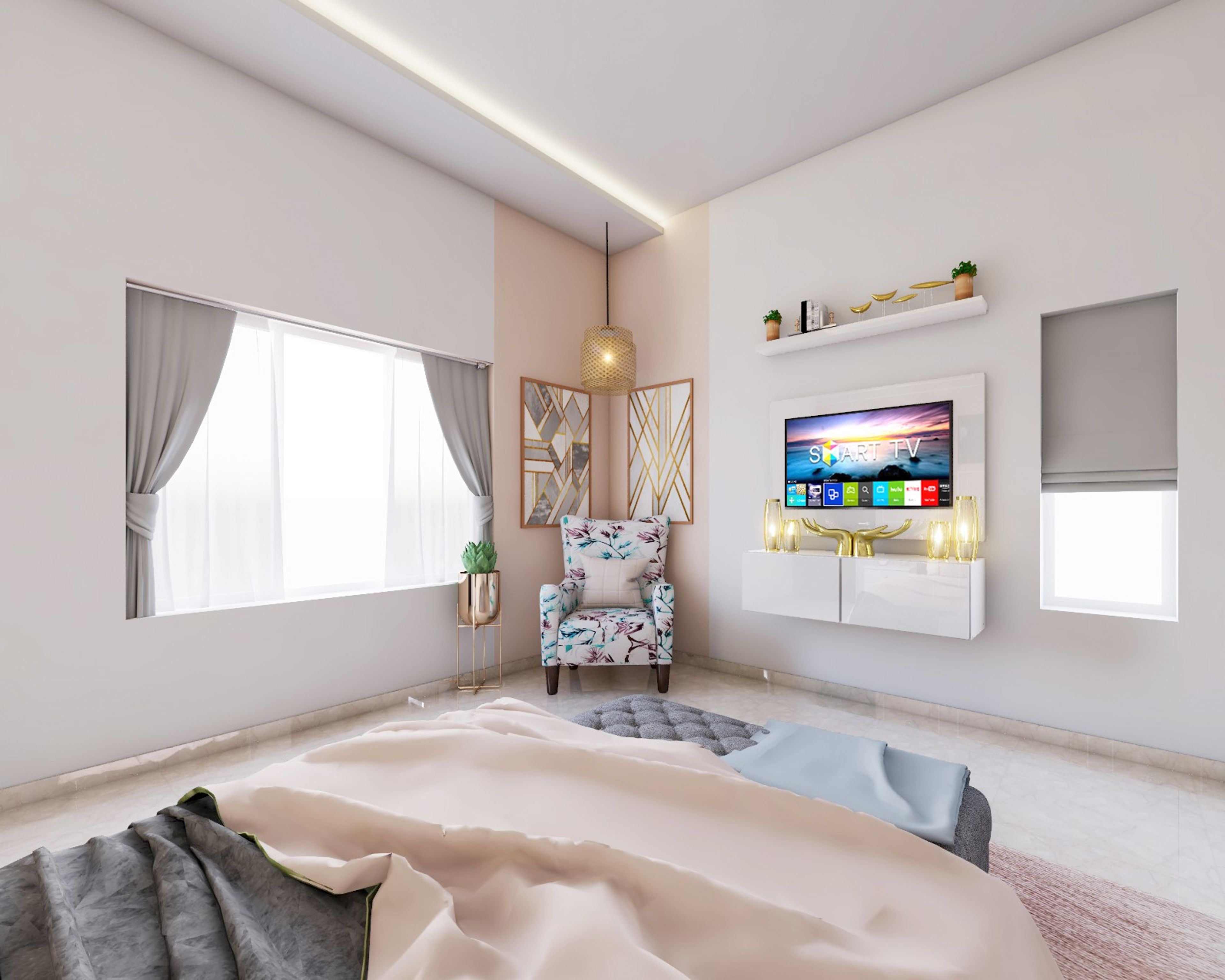 Mid-Century Modern Marble Flooring Spacious Master Bedroom - Livspace