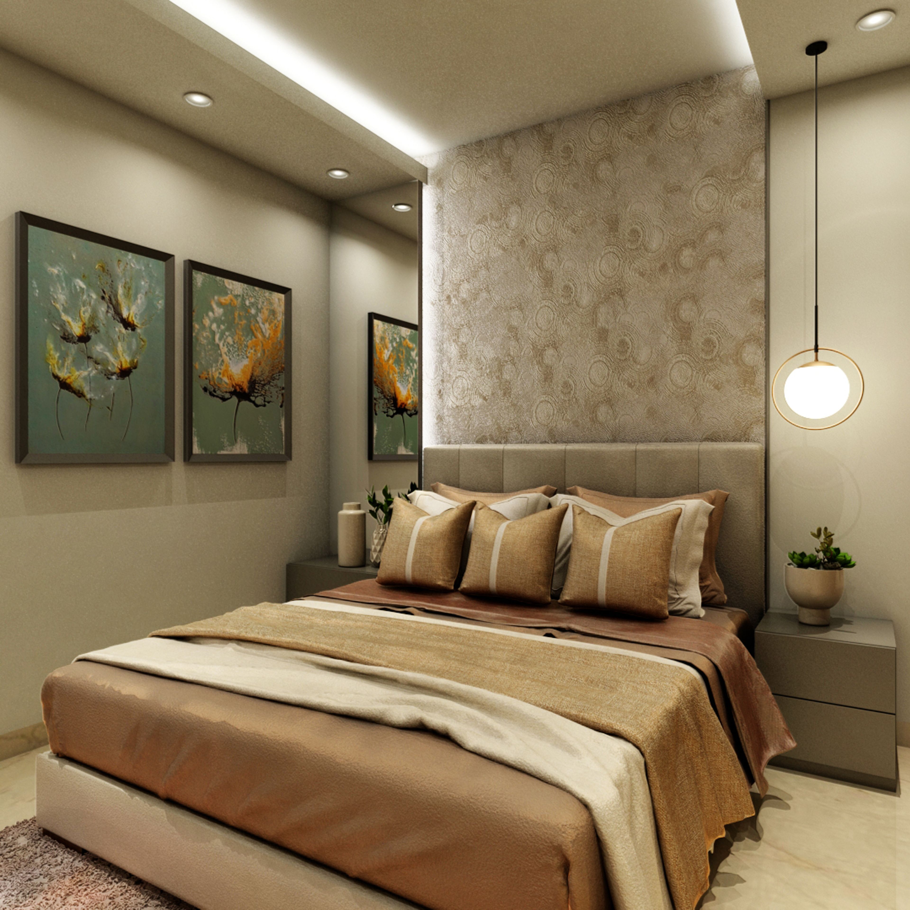 Small Antique Master Bedroom In Brown And Teal With Patterned Wallpaper