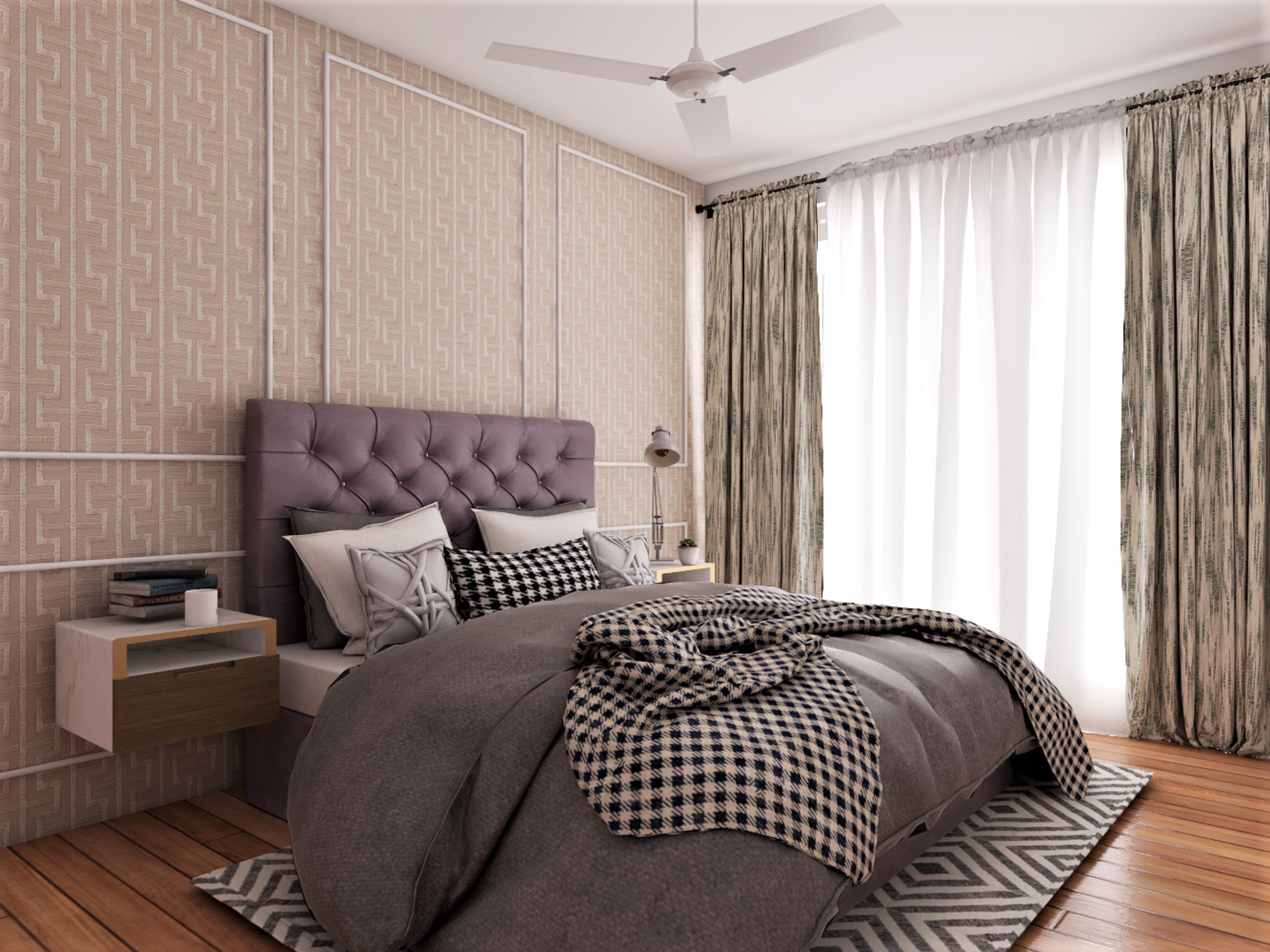 Elegant Victorian Master Bedroom In Subtle Pastels With Wallpaper And Wooden Trims On Wall