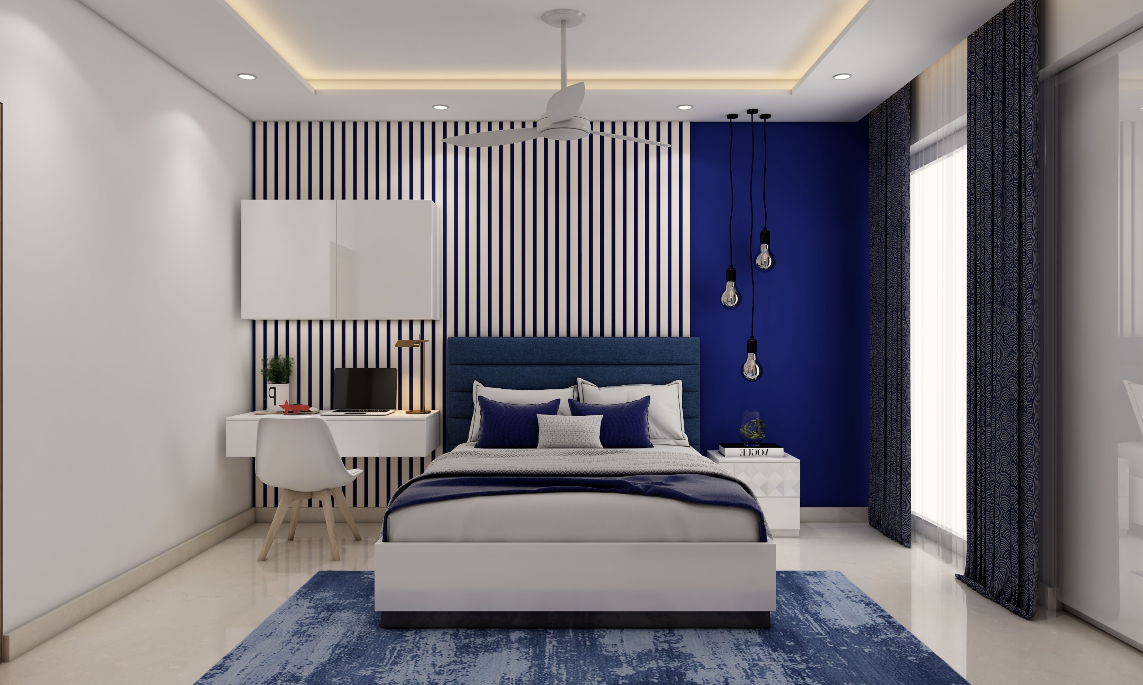 Spacious Mediterranean Master Bedroom With Striped Wallpaper And Drop Lights