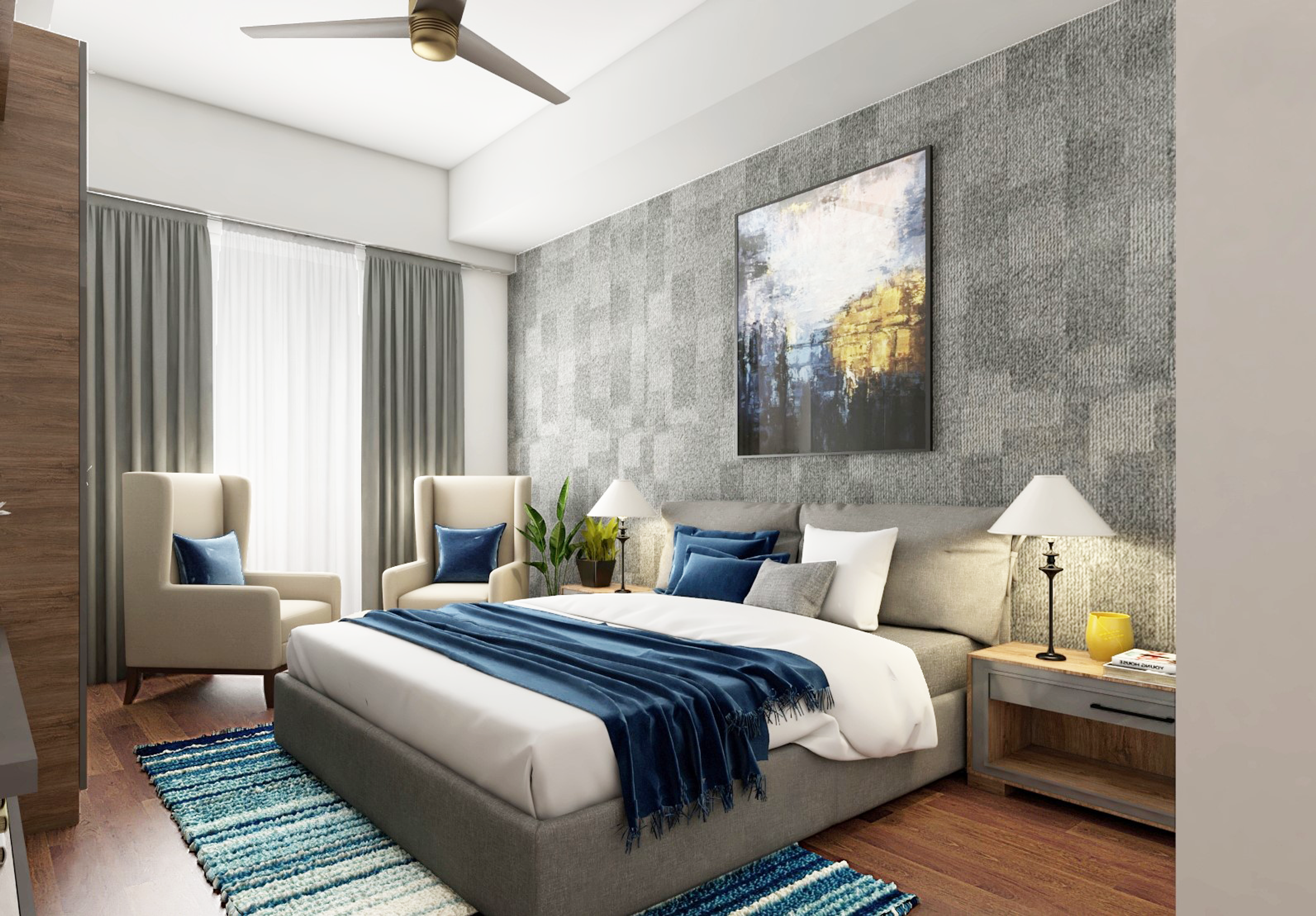 Spacious Coastal Master Bedroom With Textured Wallpaper And Blue Furnishings