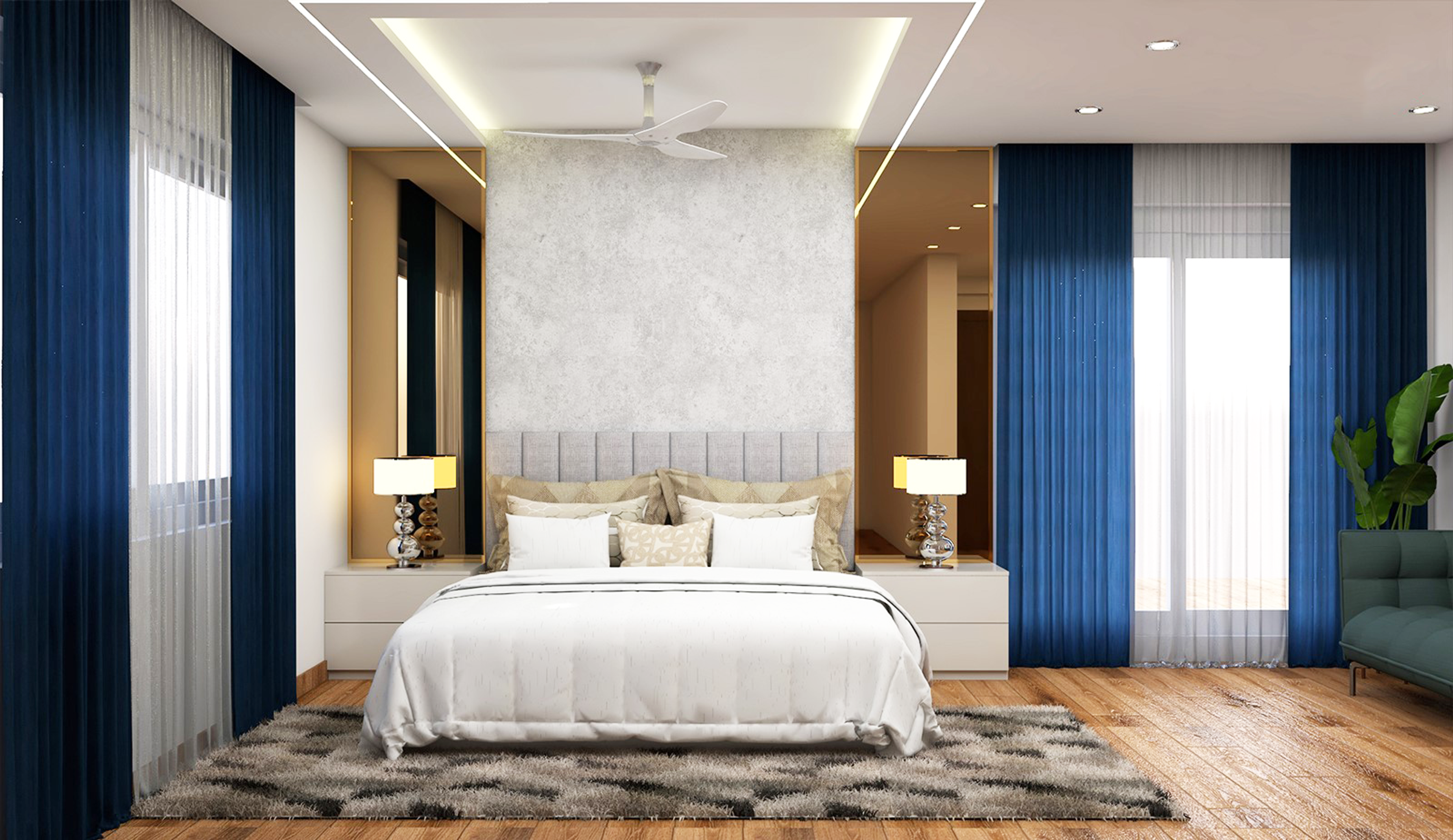 Spacious Contemporary Master Bedroom With Tinted Mirrors And Linear False Ceiling