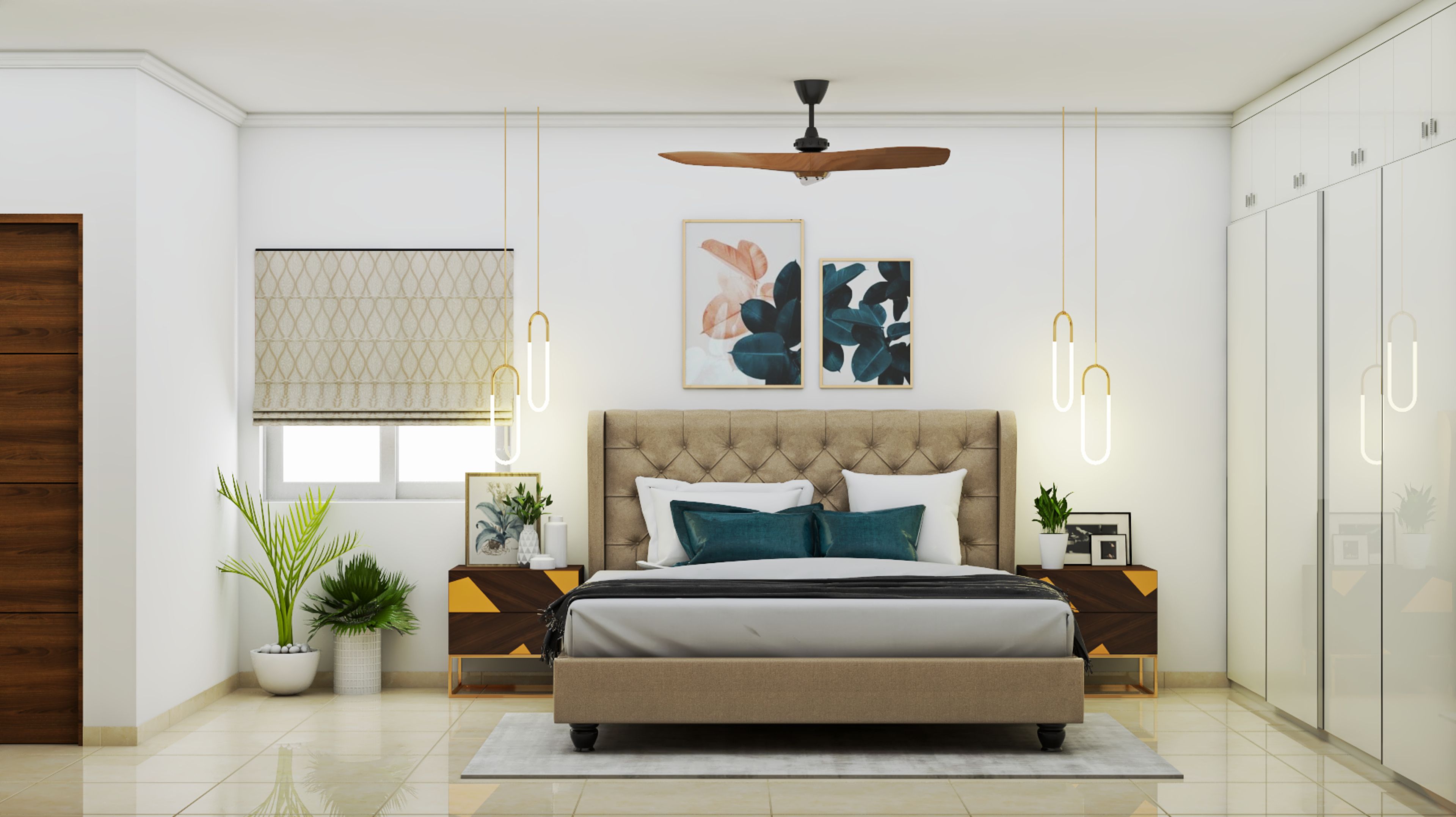 Luxury Contemporary Master Bedroom With Laminated Wardrobes And Hanging Lights