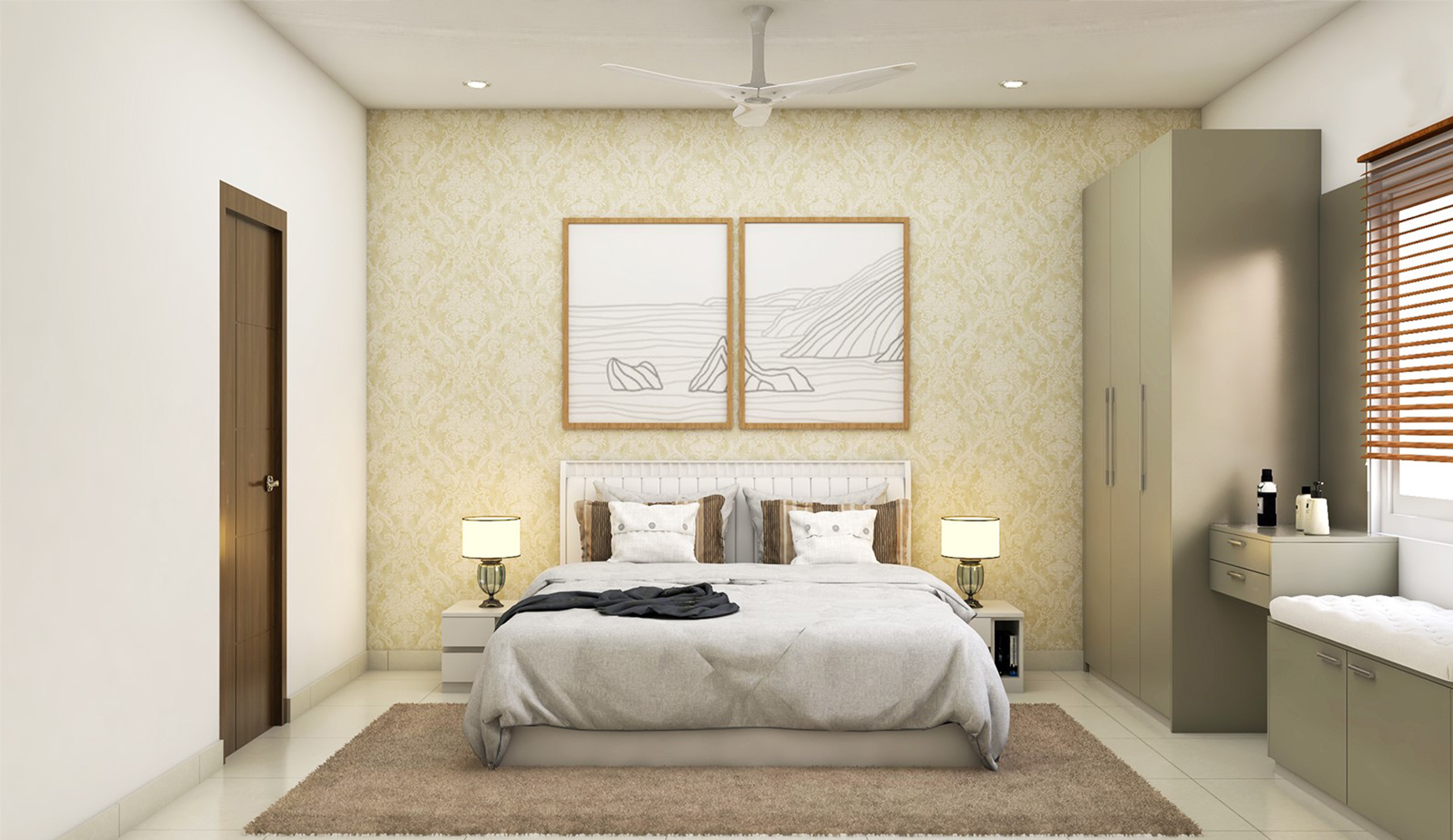 Spacious Master Bedroom In Subtle Colours With Minimal Furniture