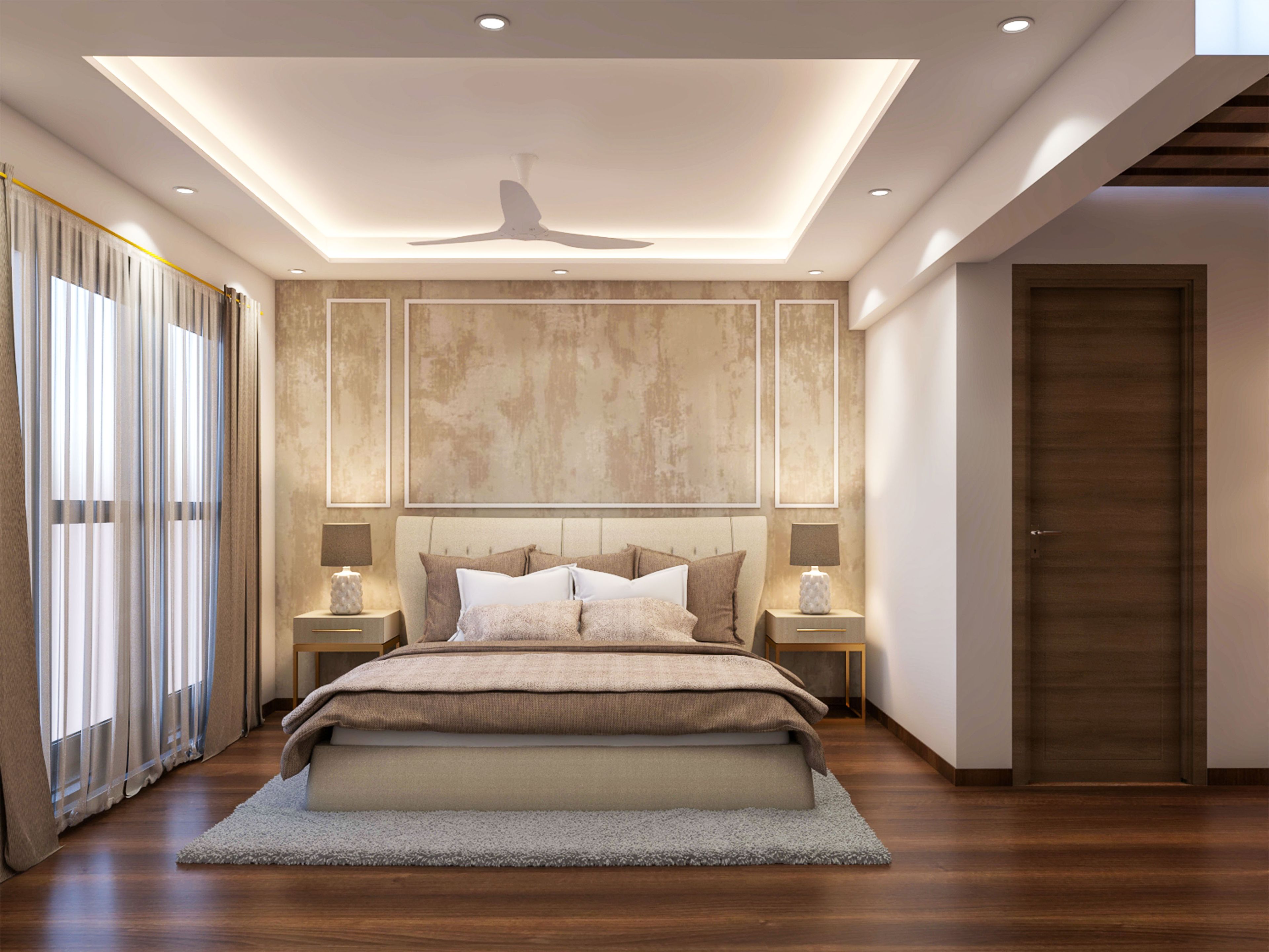 Spacious Minimal Master Bedroom with Dark Flooring and Light Furniture