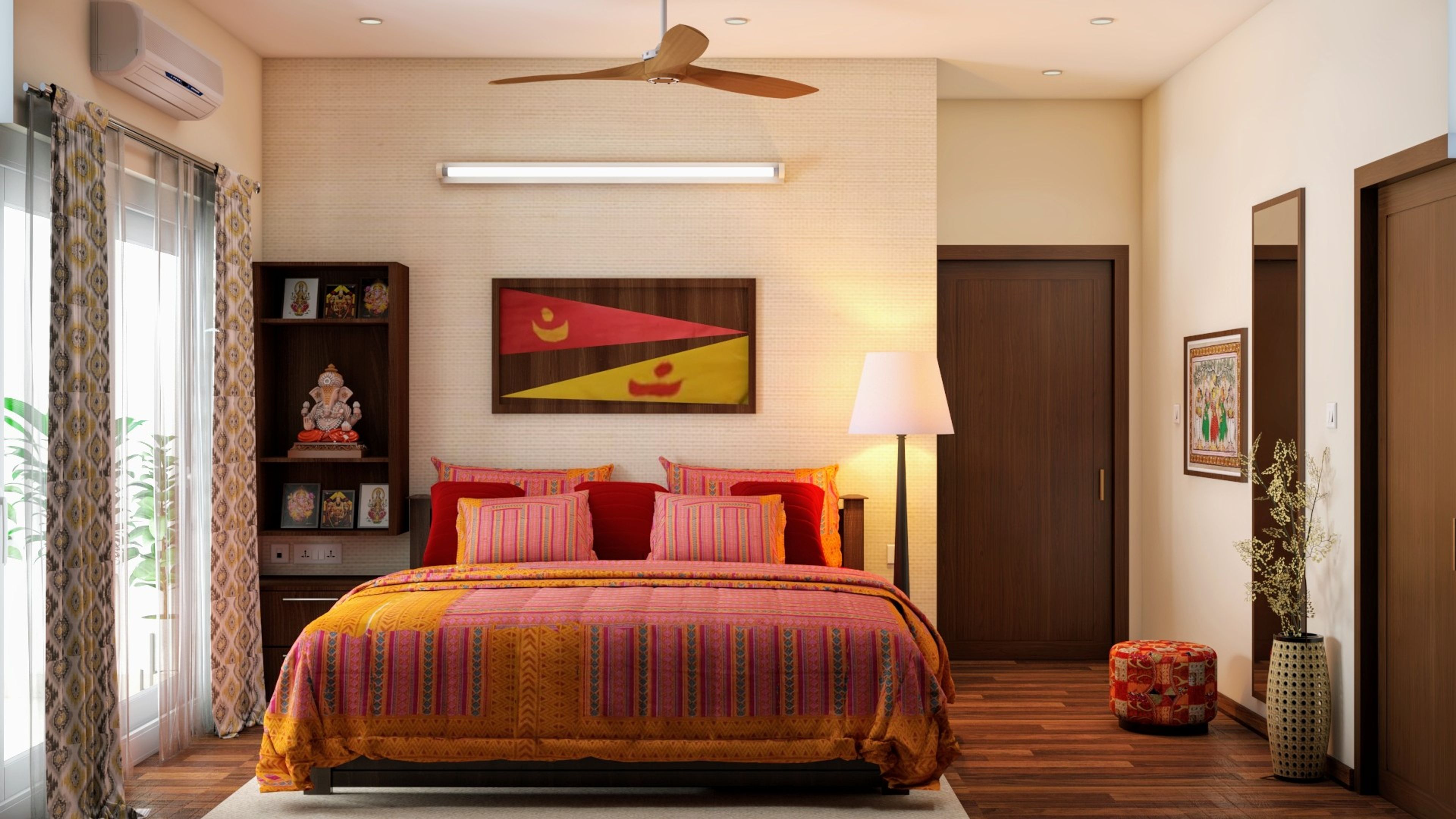 Small Indian Style Master Bedroom In Bright Colours With Pooja Unit And Wooden Floors
