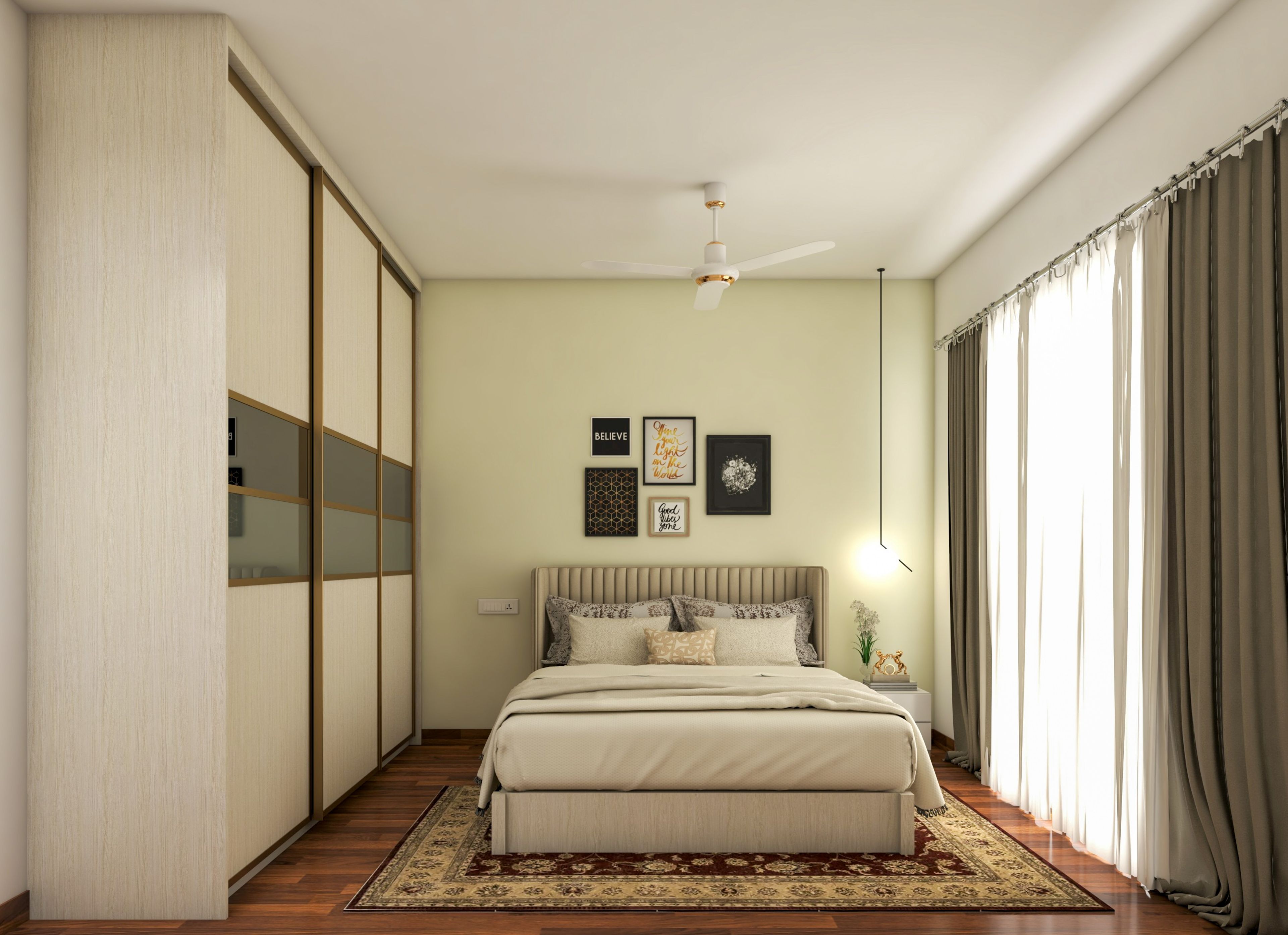 Small Scandinavian Master Bedroom In Olive Green With Floor-to-ceiling Wardrobes