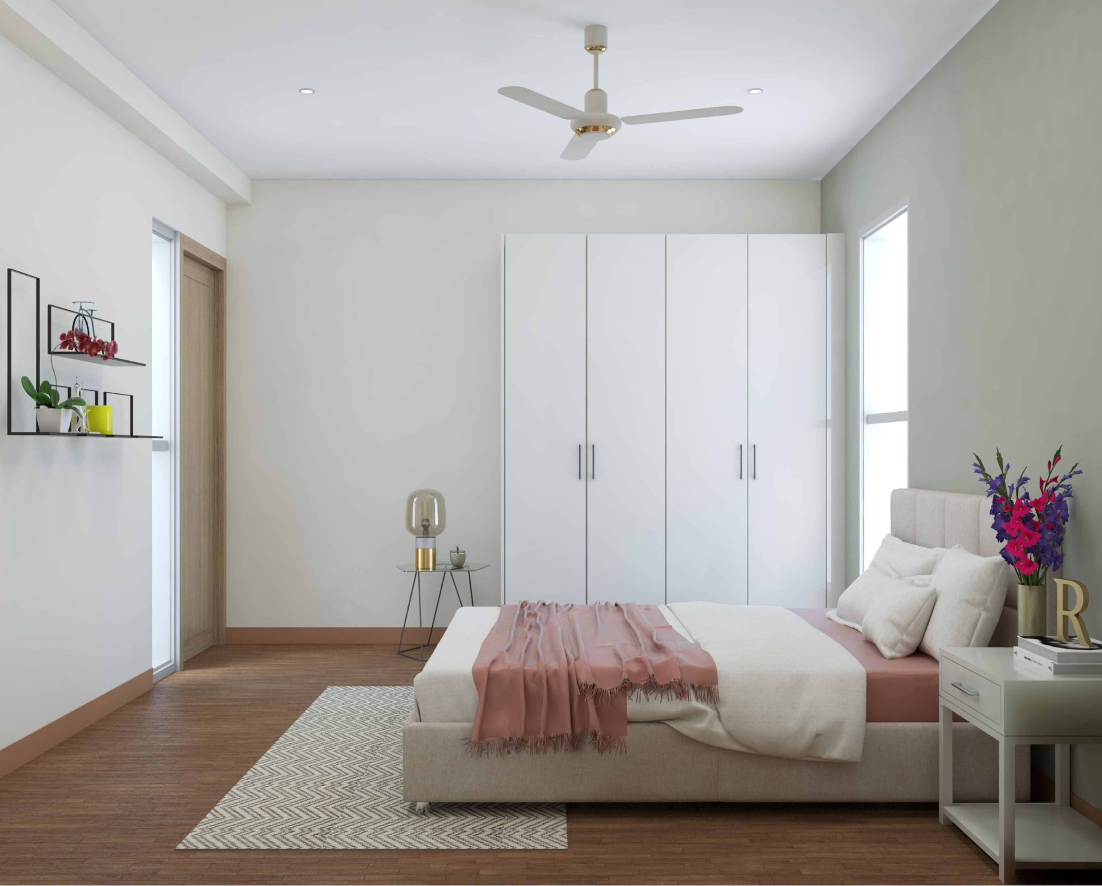 Spacious Minimalistic Master Bedroom In Soft Colours With Dark Wooden Flooring