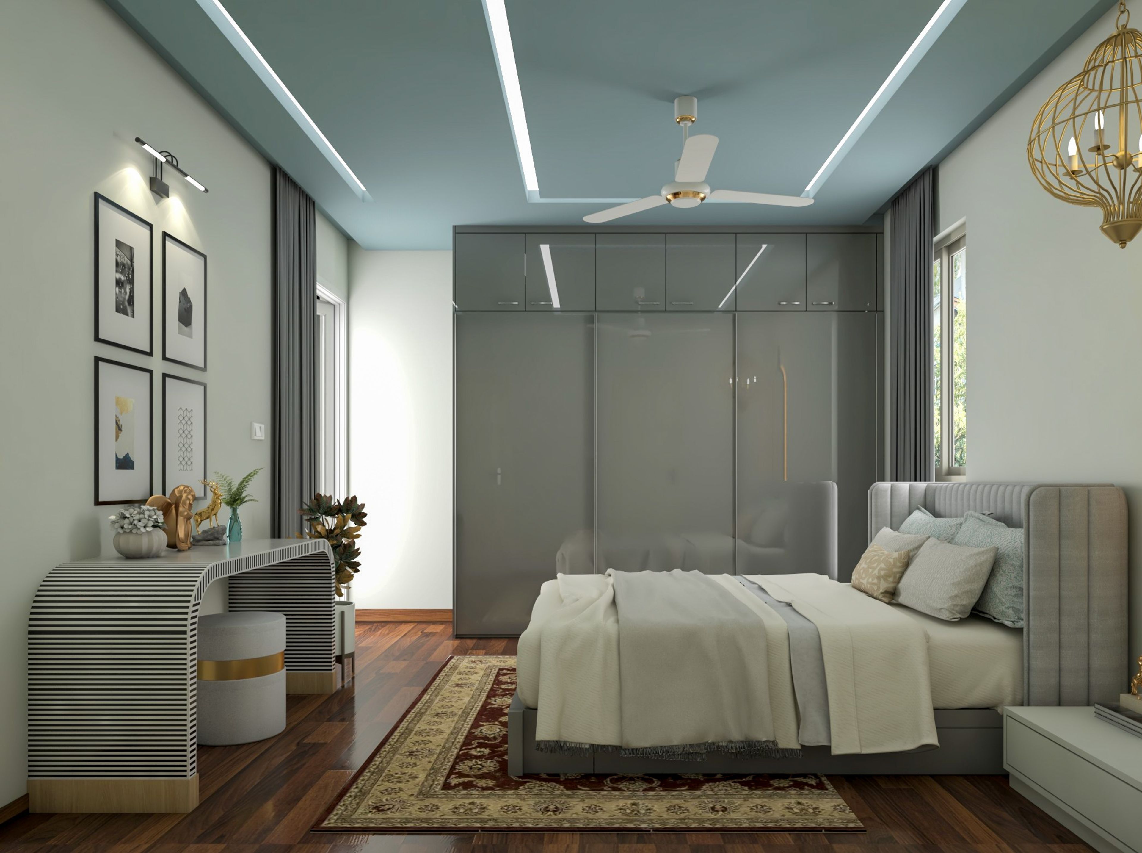 Small Coastal Style Master Bedroom With Dark Ceiling And Spacious Wardrobes