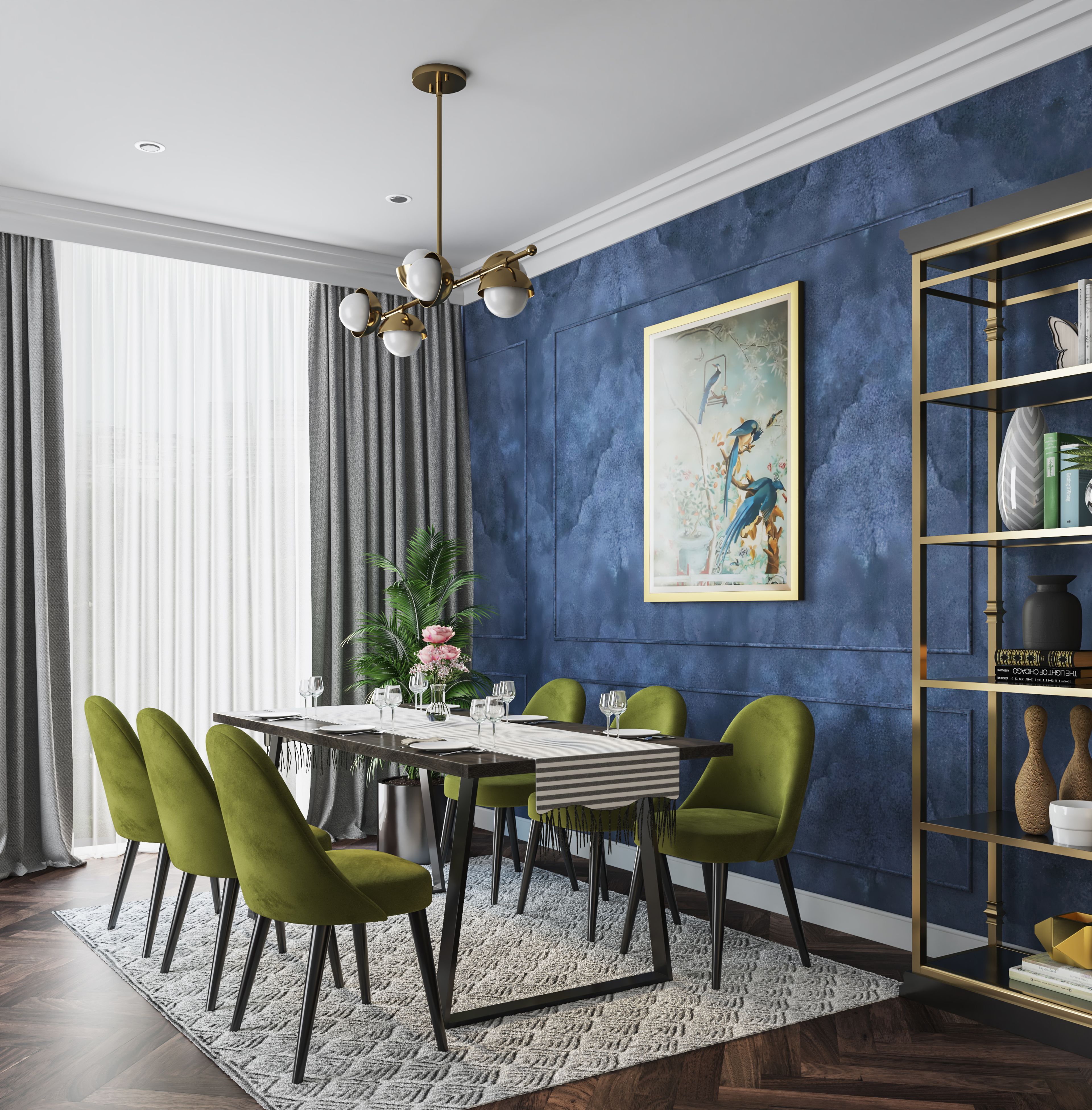 Premium Luxury Dining Room With Golden Display Unit