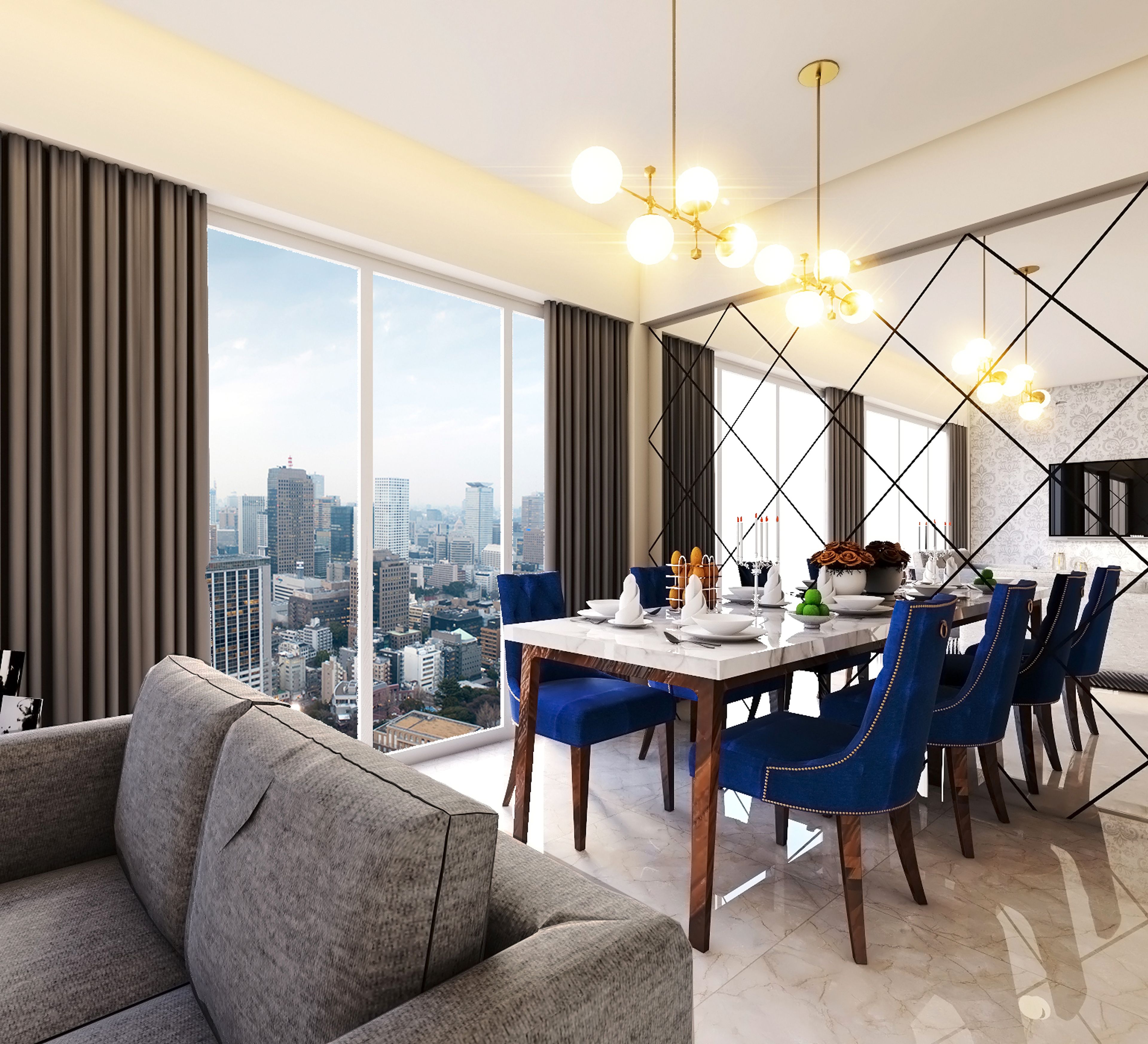 Luxury Minimal Glam Dining Room With Mirror Wall Panel