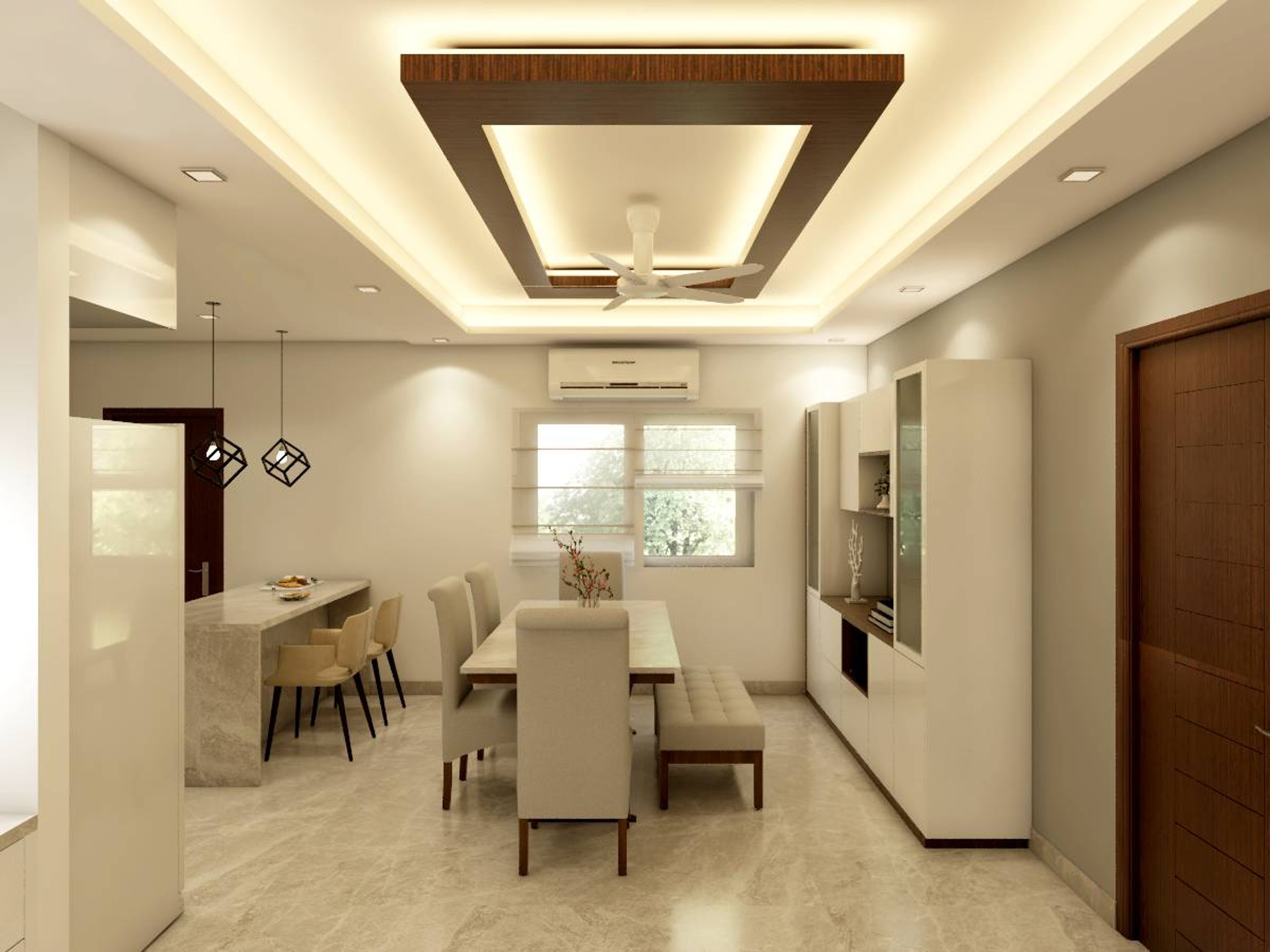 Luxury Contemporary Dining Room With Wooden False Ceiling