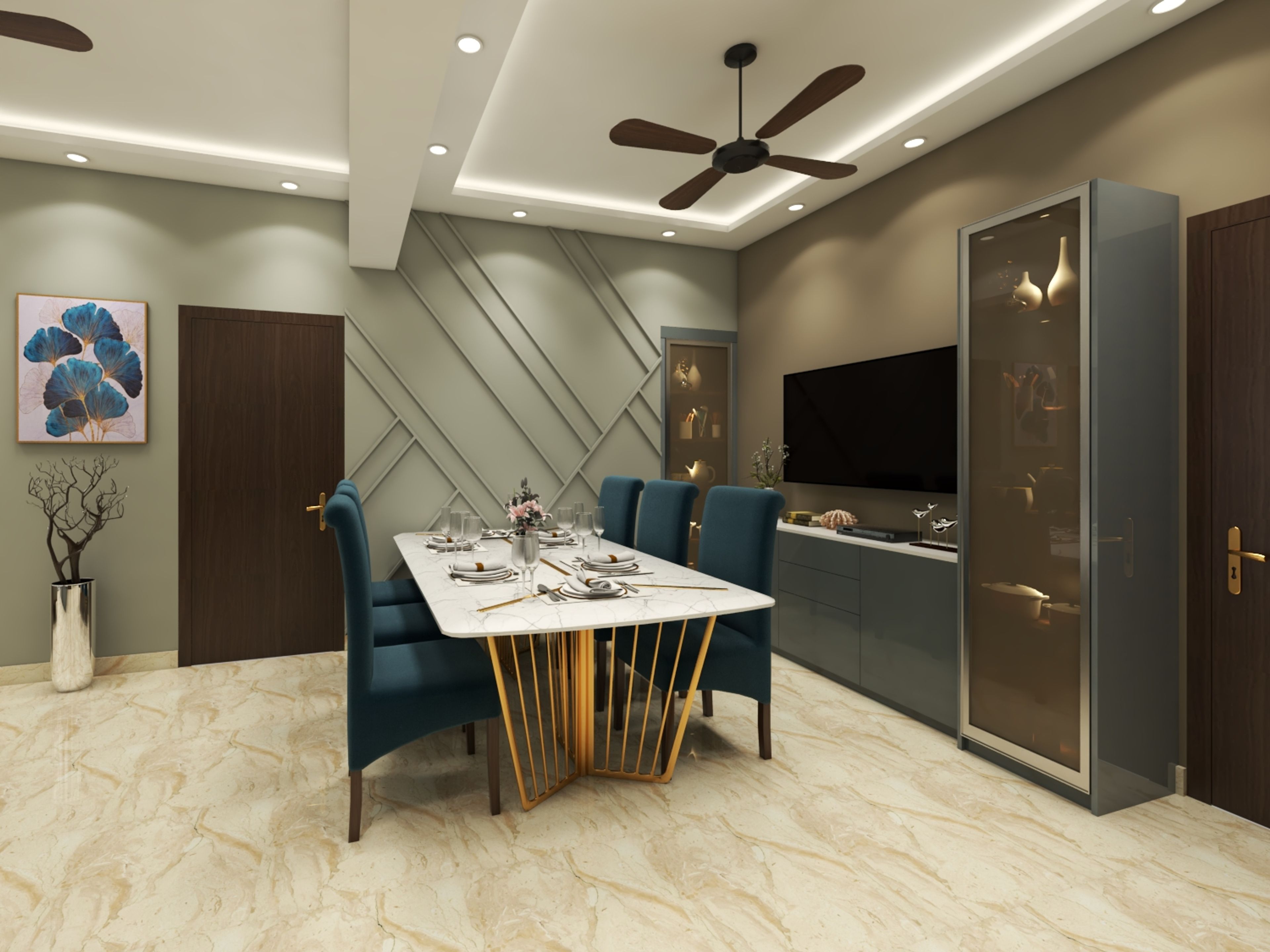 Minimal Glam Dining Room With Open Glass Crockery Unit