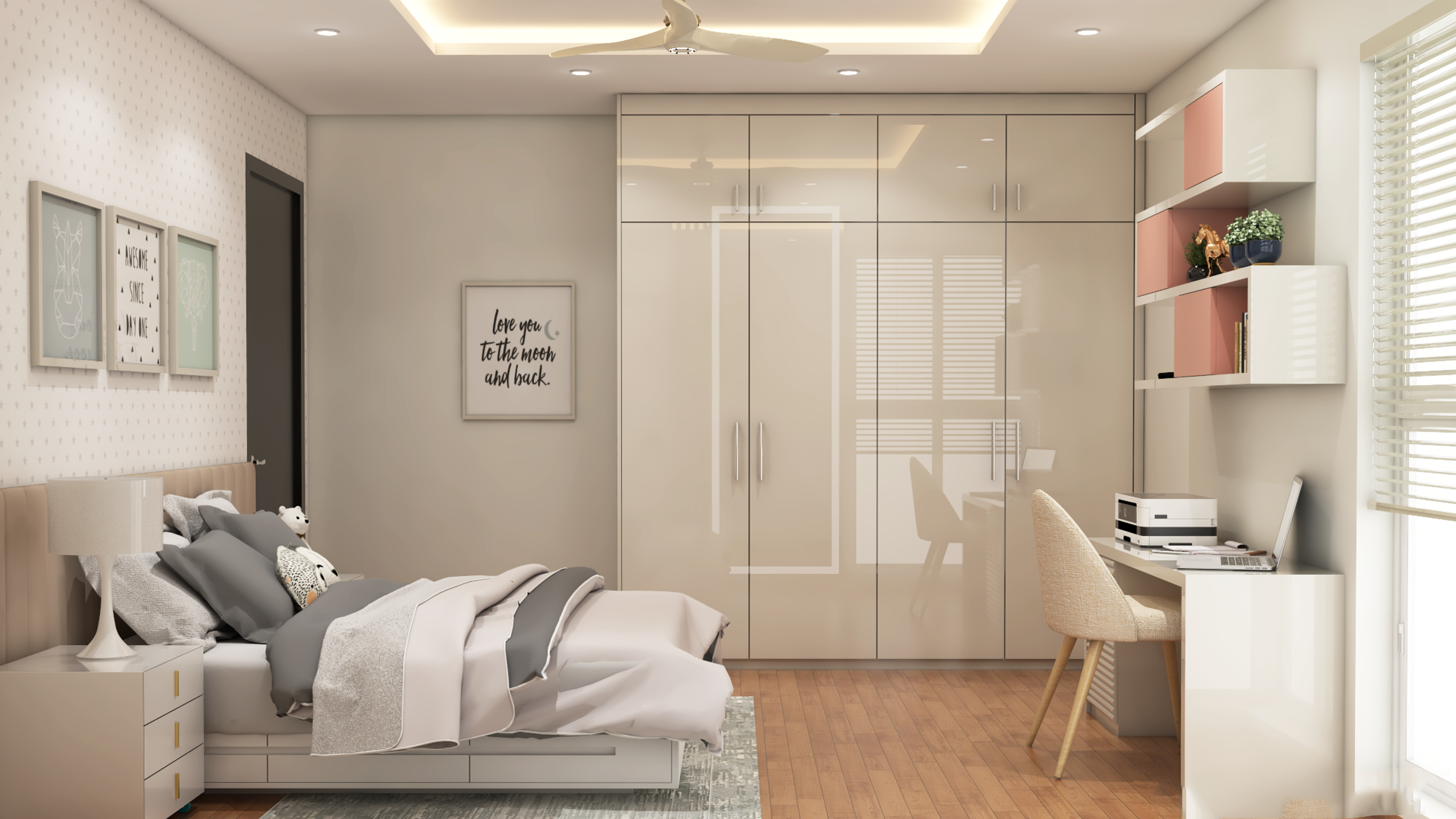 Bright and Elegant Beige Colored Kids Bedroom - Livspace