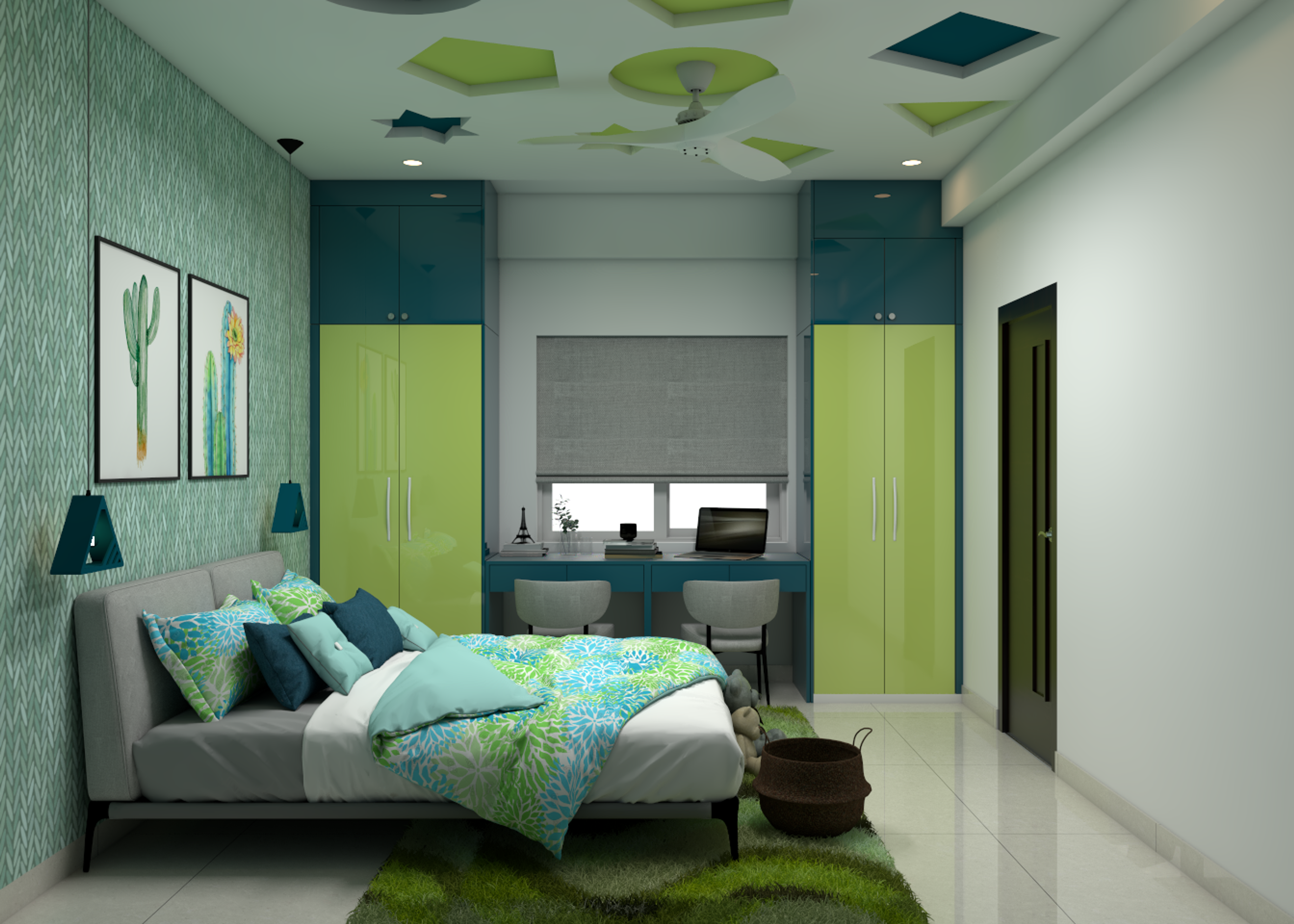 Kid's Bedroom With Green Laminate Design Wardrobes