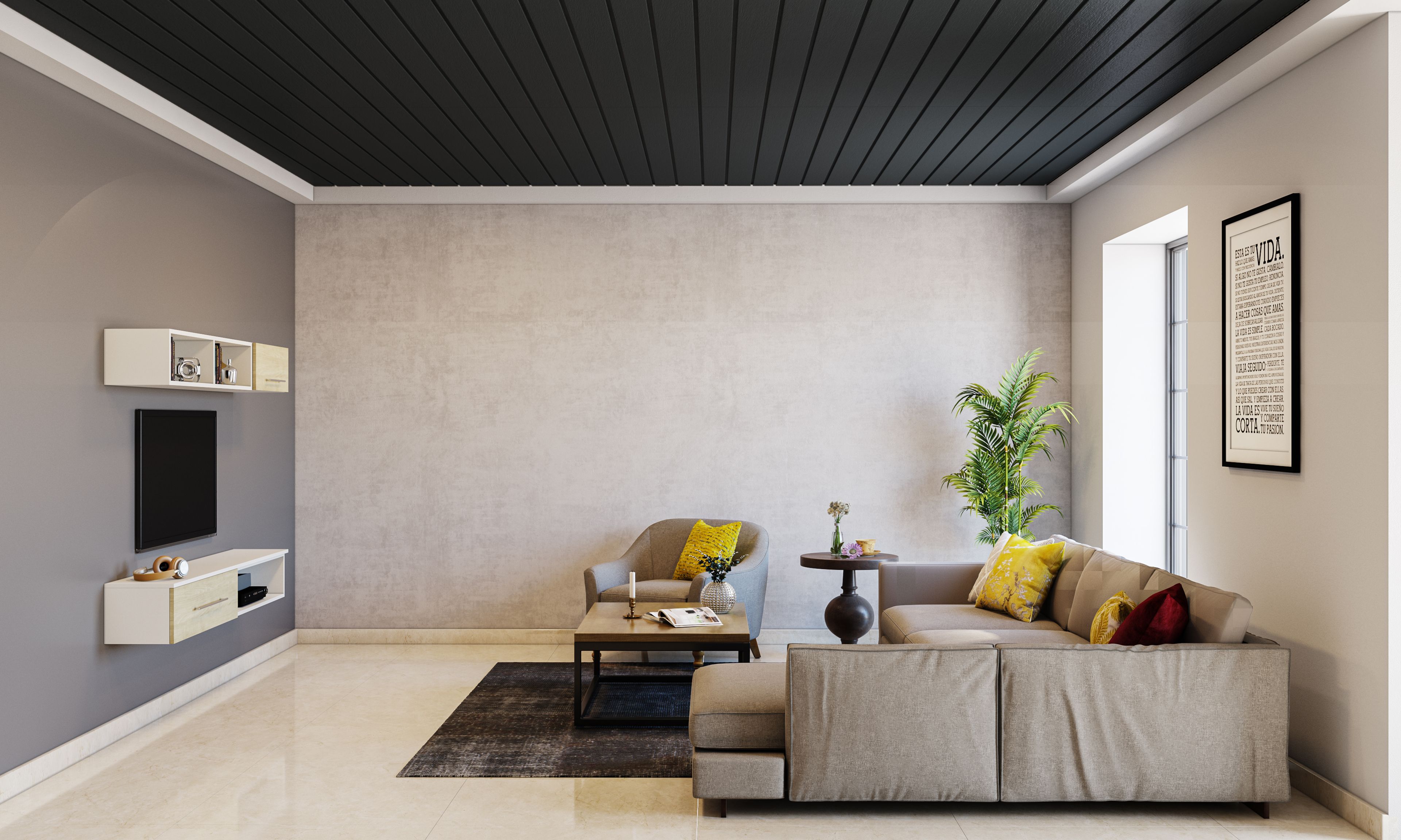 Spacious Minimal Living Room with Stone Shaded Walls