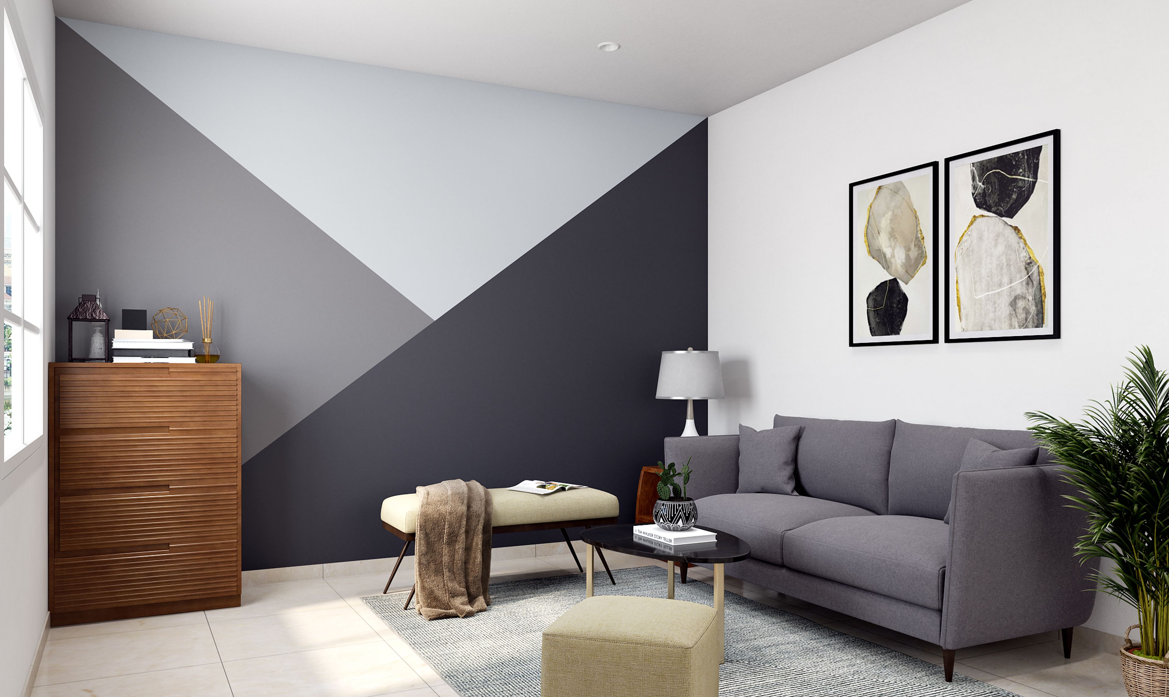 Contemporary Living Room With Grey Toned Accent Wall