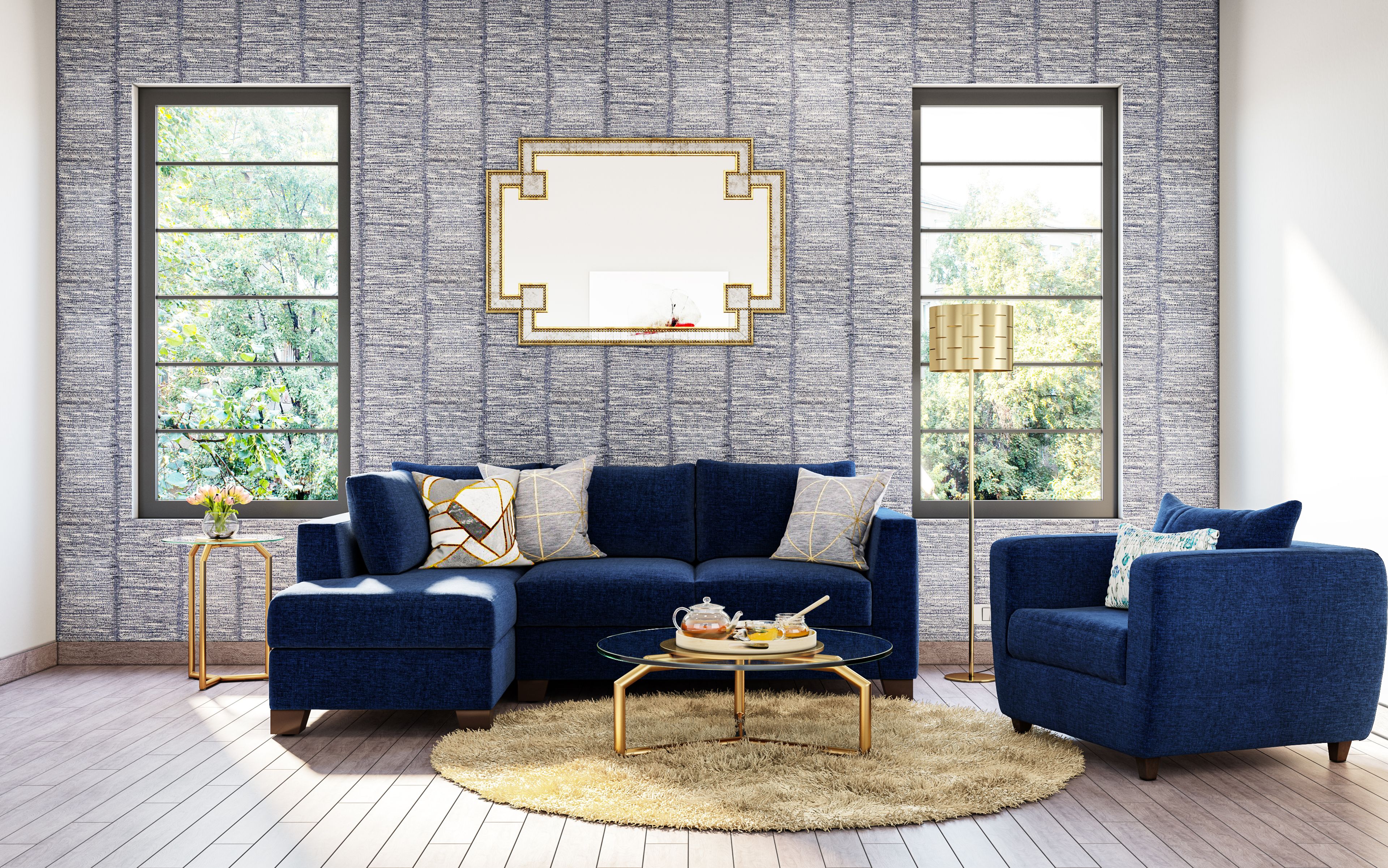 Spacious Cool Toned Living Room With Mirror Wall Accent