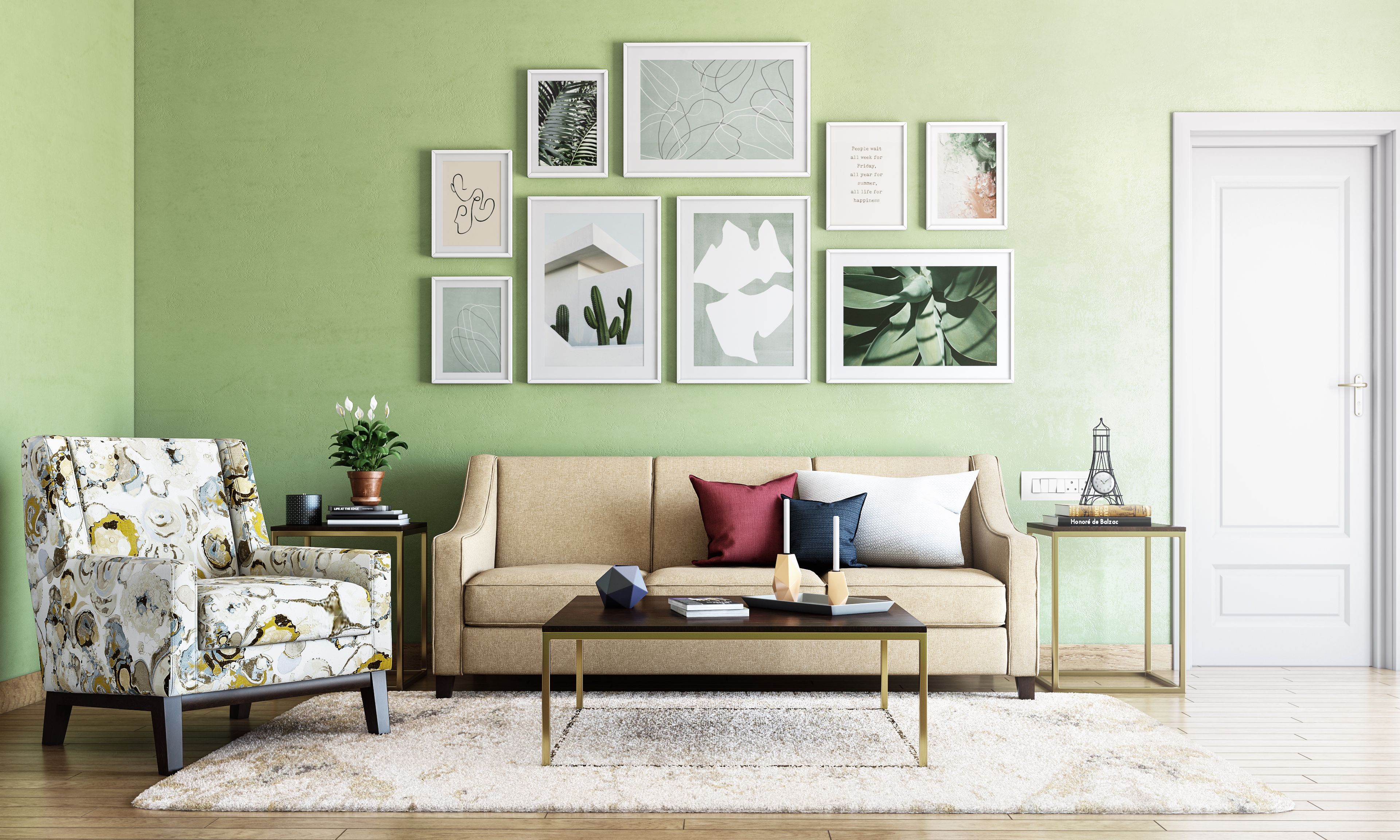 Simple Farmhouse Style Living Room With Green Accent Wall