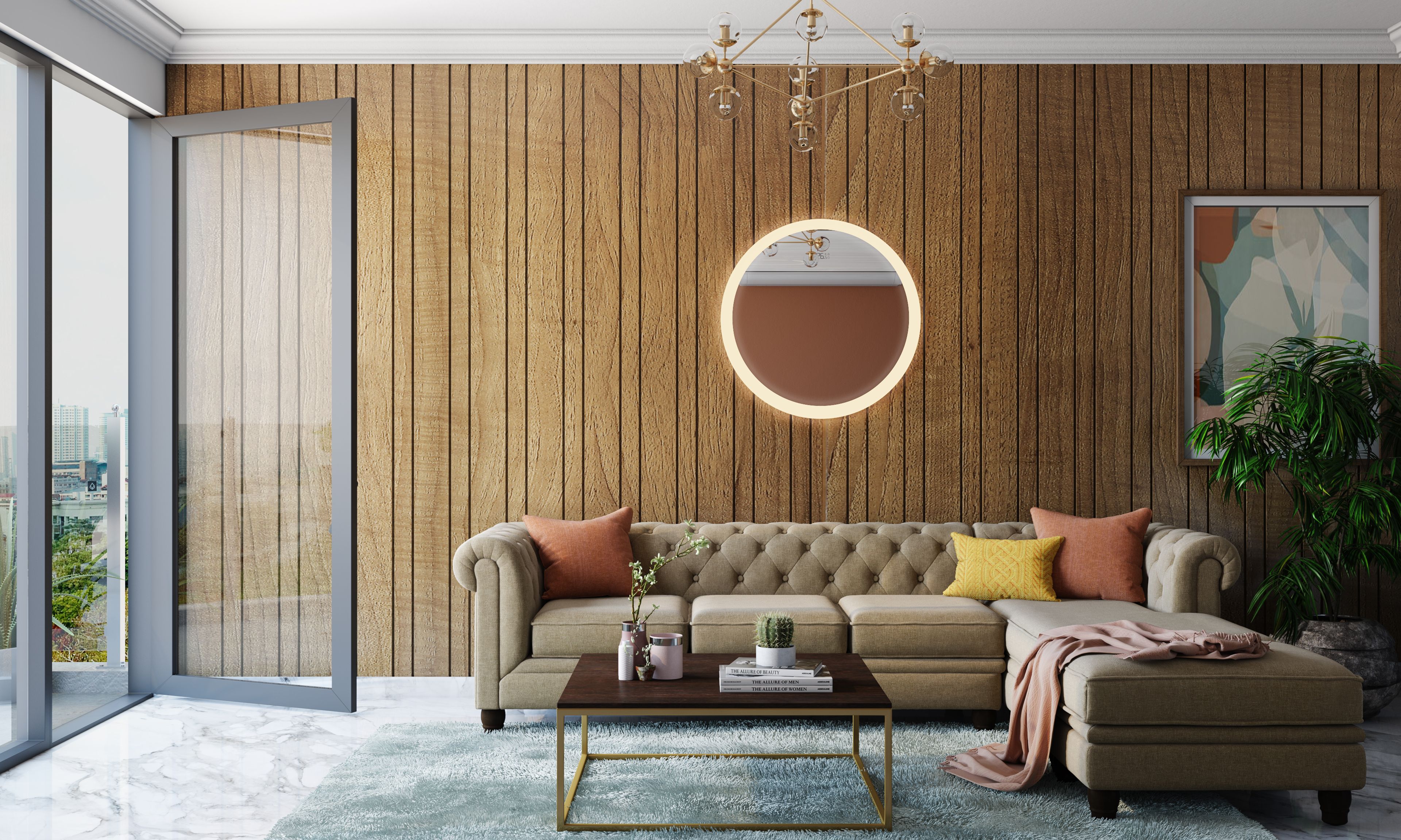 Spacious Rustic Style Living Room With French Doors