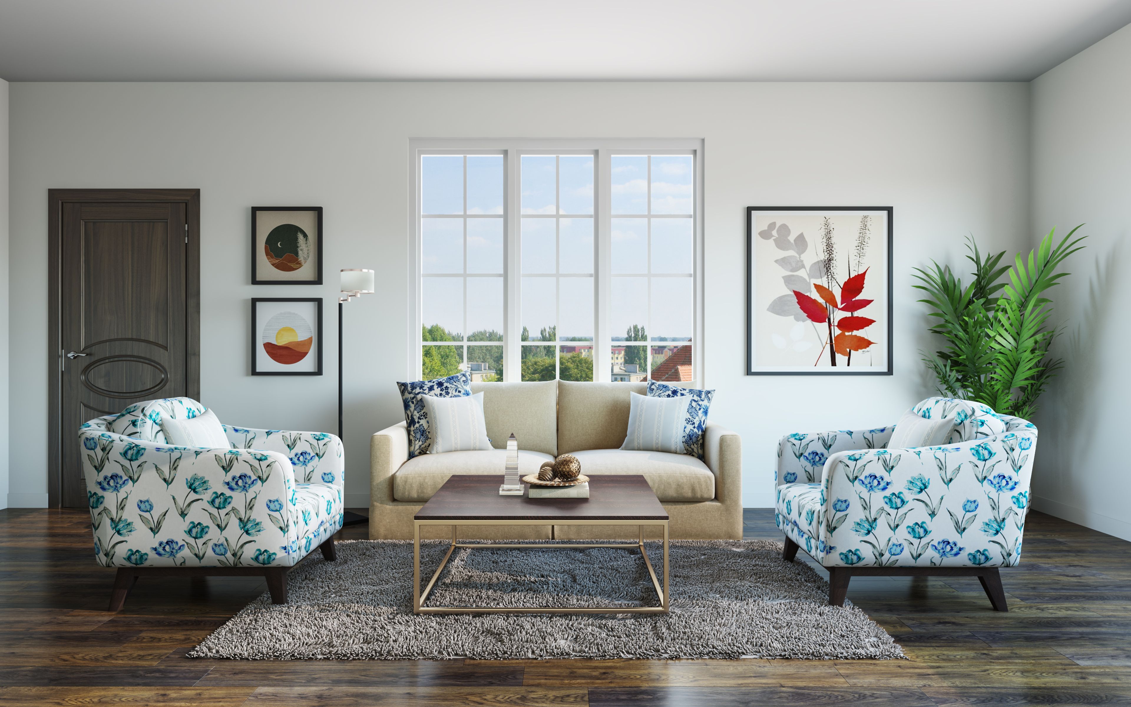 Spacious Tropical Style Living Room With Floral Armchairs