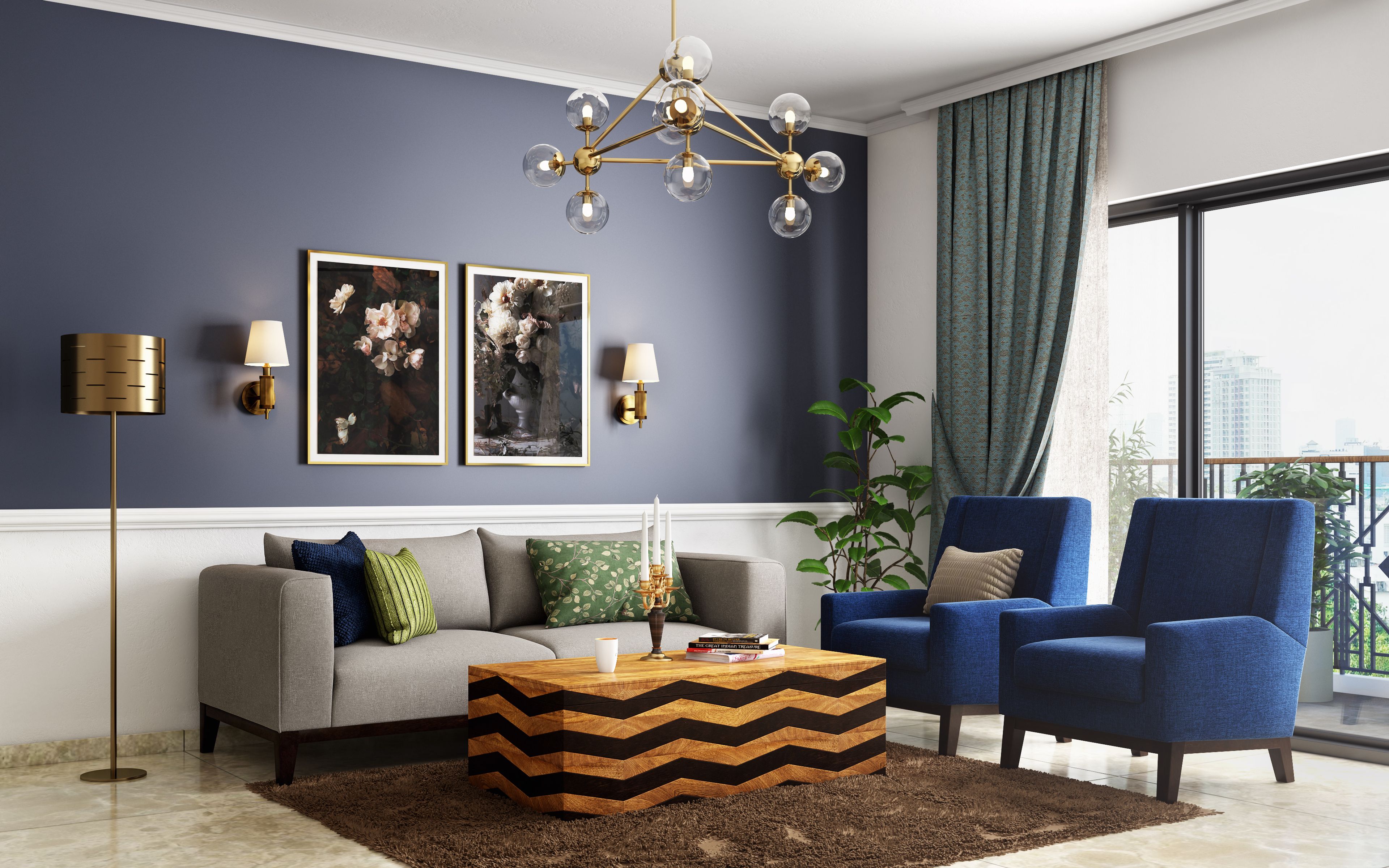 Spacious Modern Living Room With Ink Blue Walls