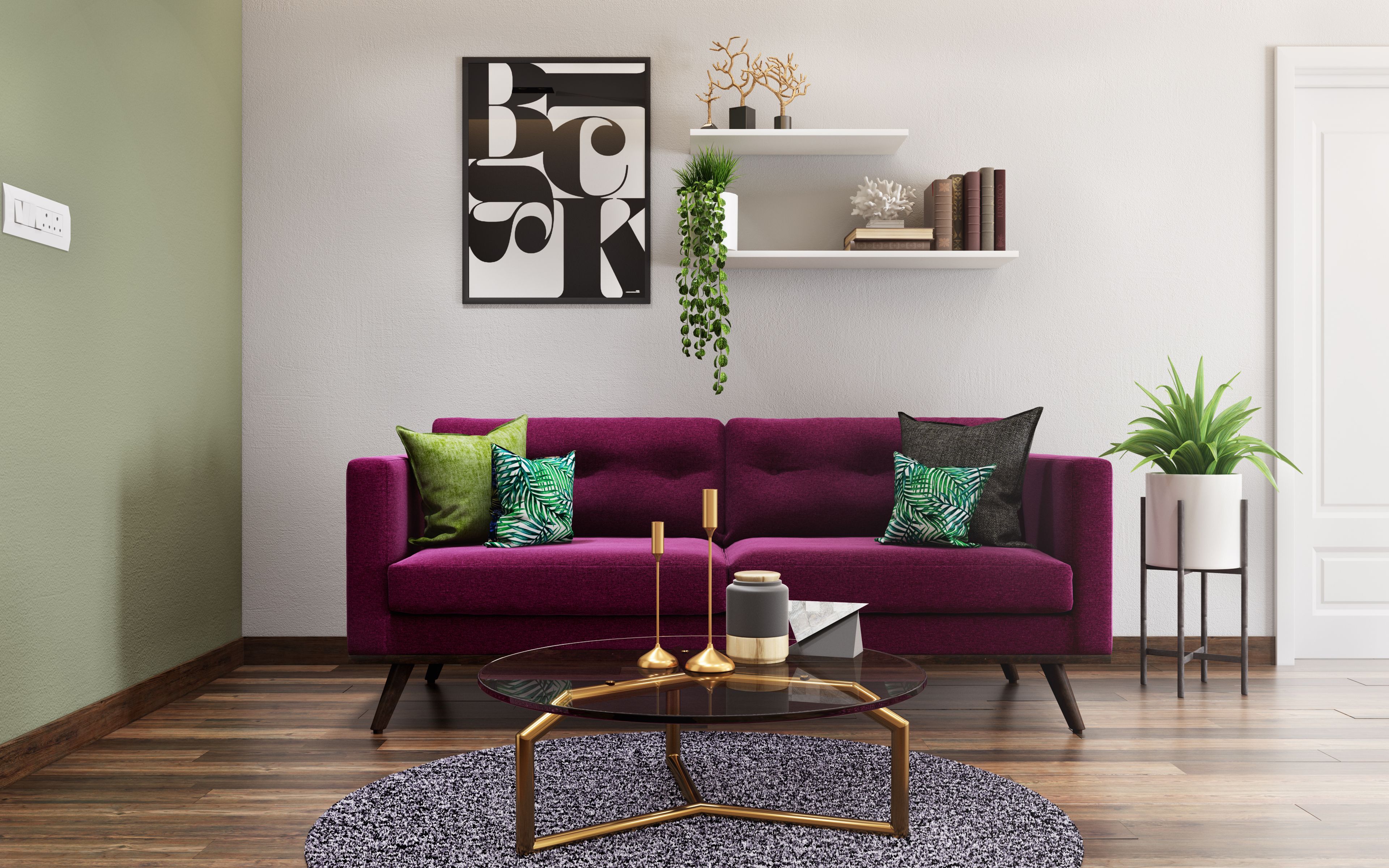 Small Minimal Living Room With Plum Sofa Highlight  Screen reader support enabled.