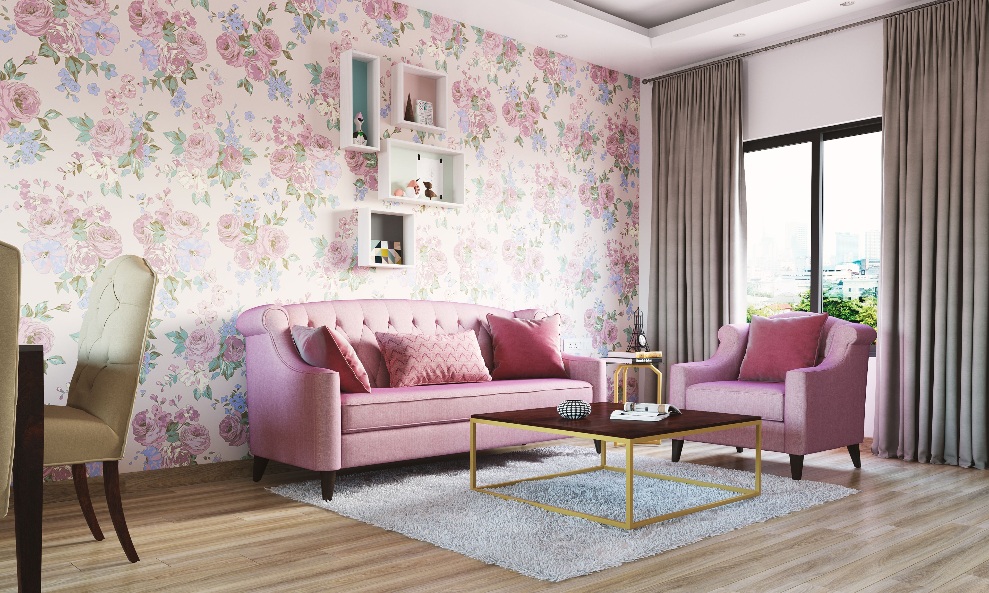 Contemporary Living Room With Patterned Wallpaper And Wall Lights