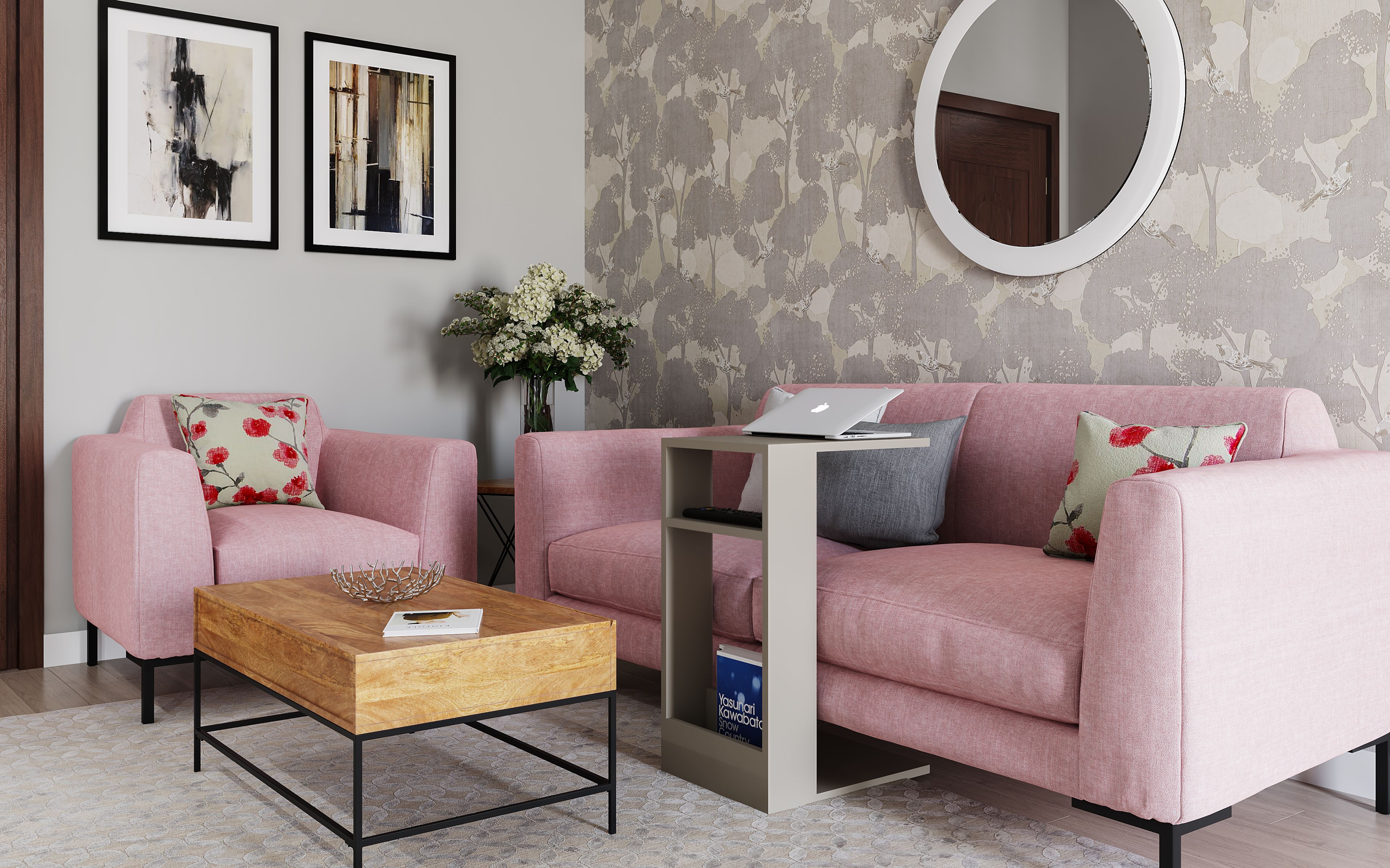 Charming Modern Living Room With Patterned Wallpaper