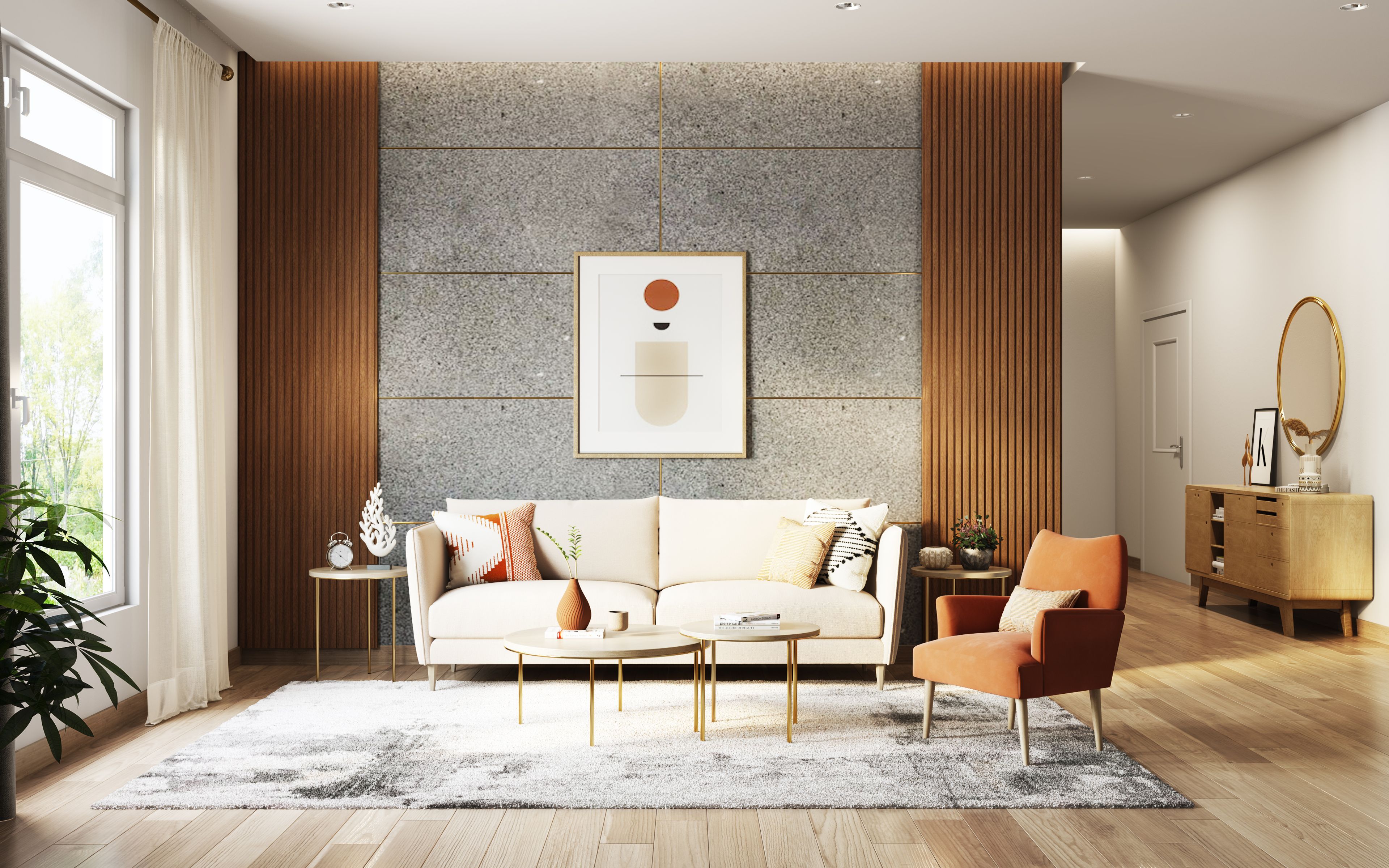 Spacious Minimal Living Room With Vertical Wooden Plank Walls