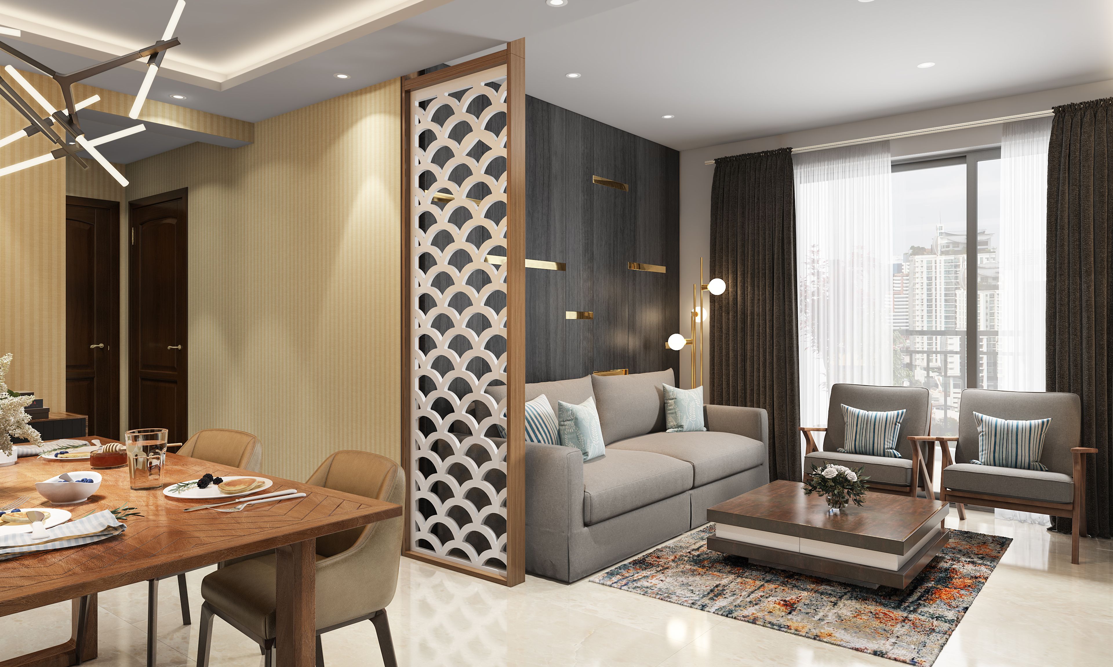 Contemporary Living Room With Multifunctional Wooden Partitioning