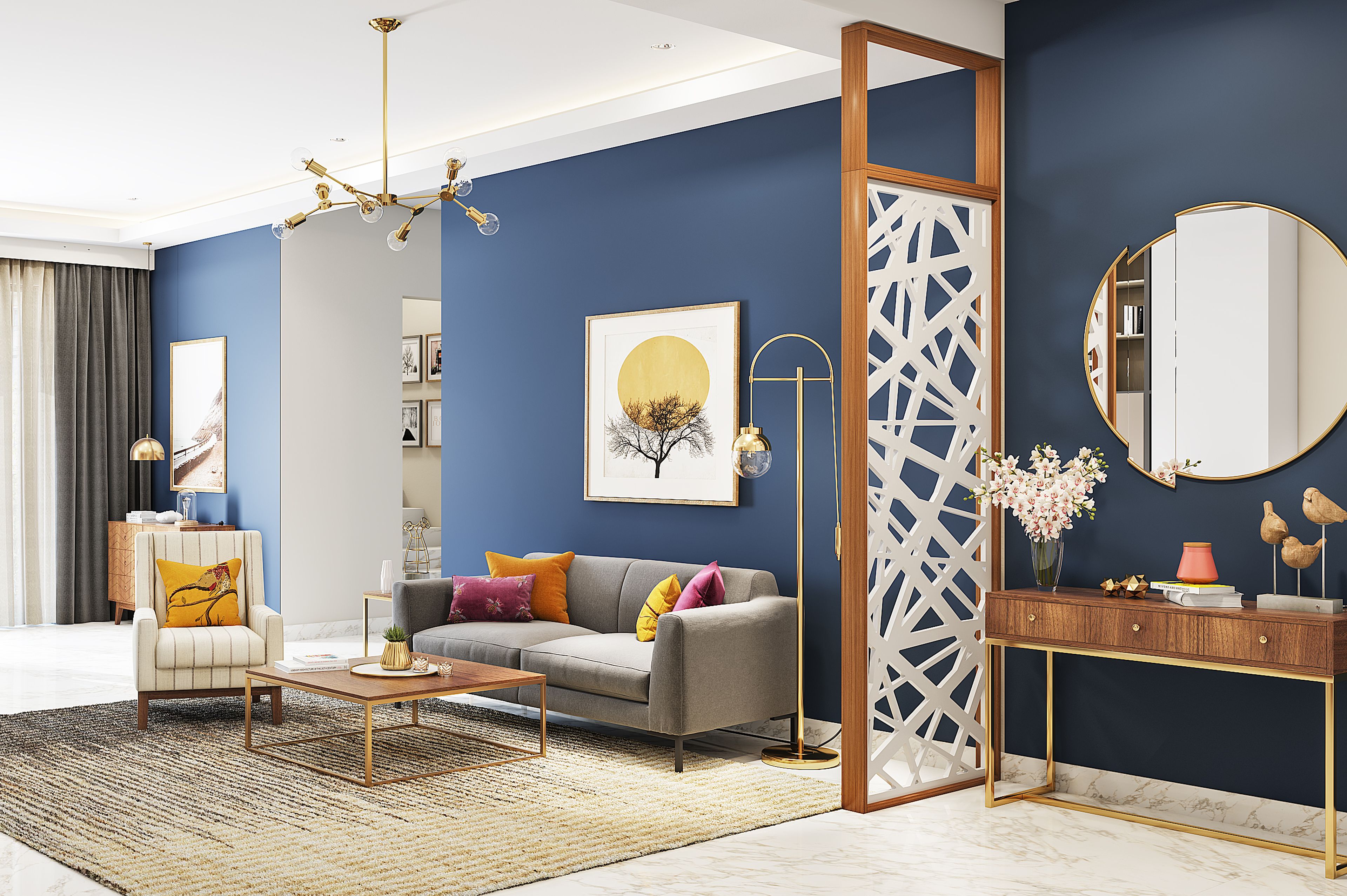 Spacious Eclectic Living Room With Ink Blue Highlight Wall