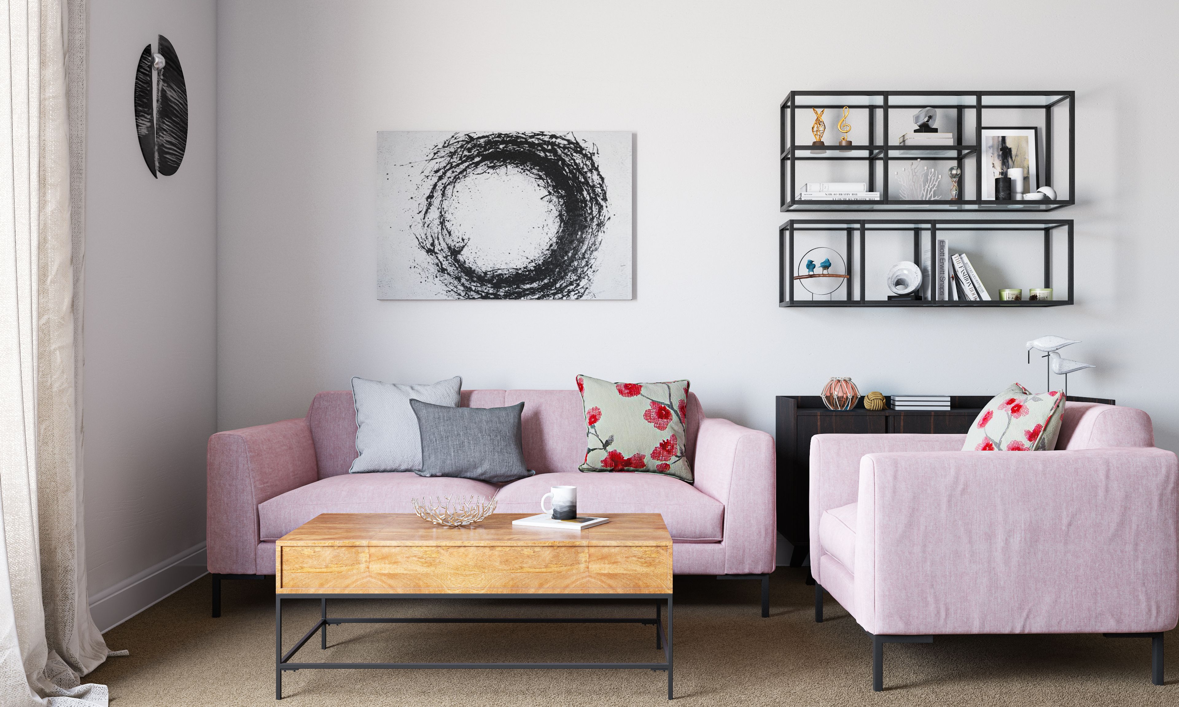 Minimal Style Living Room With Aluminium Cube Shelves