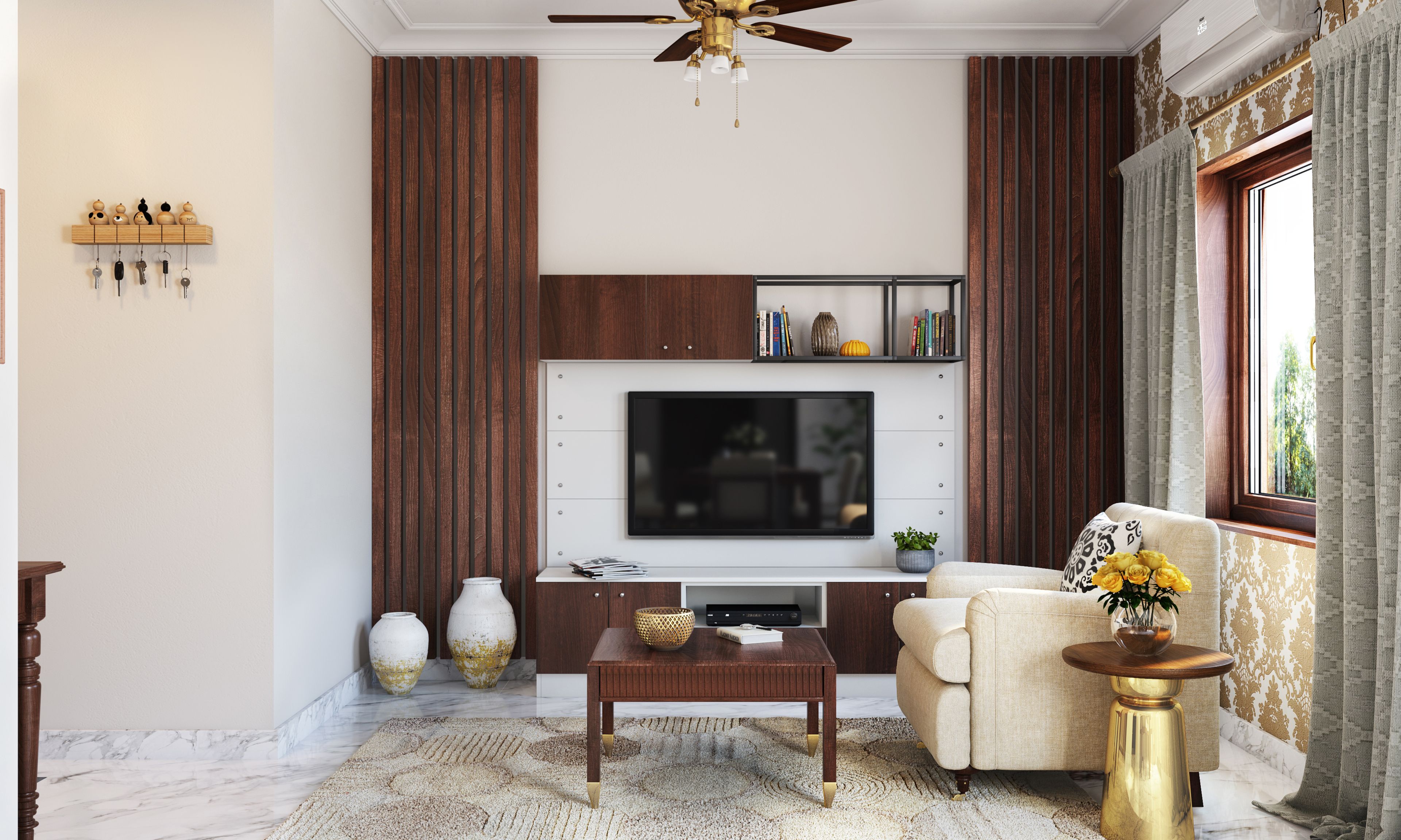 Modern Living Room With Vertical Wooden Panels For Height