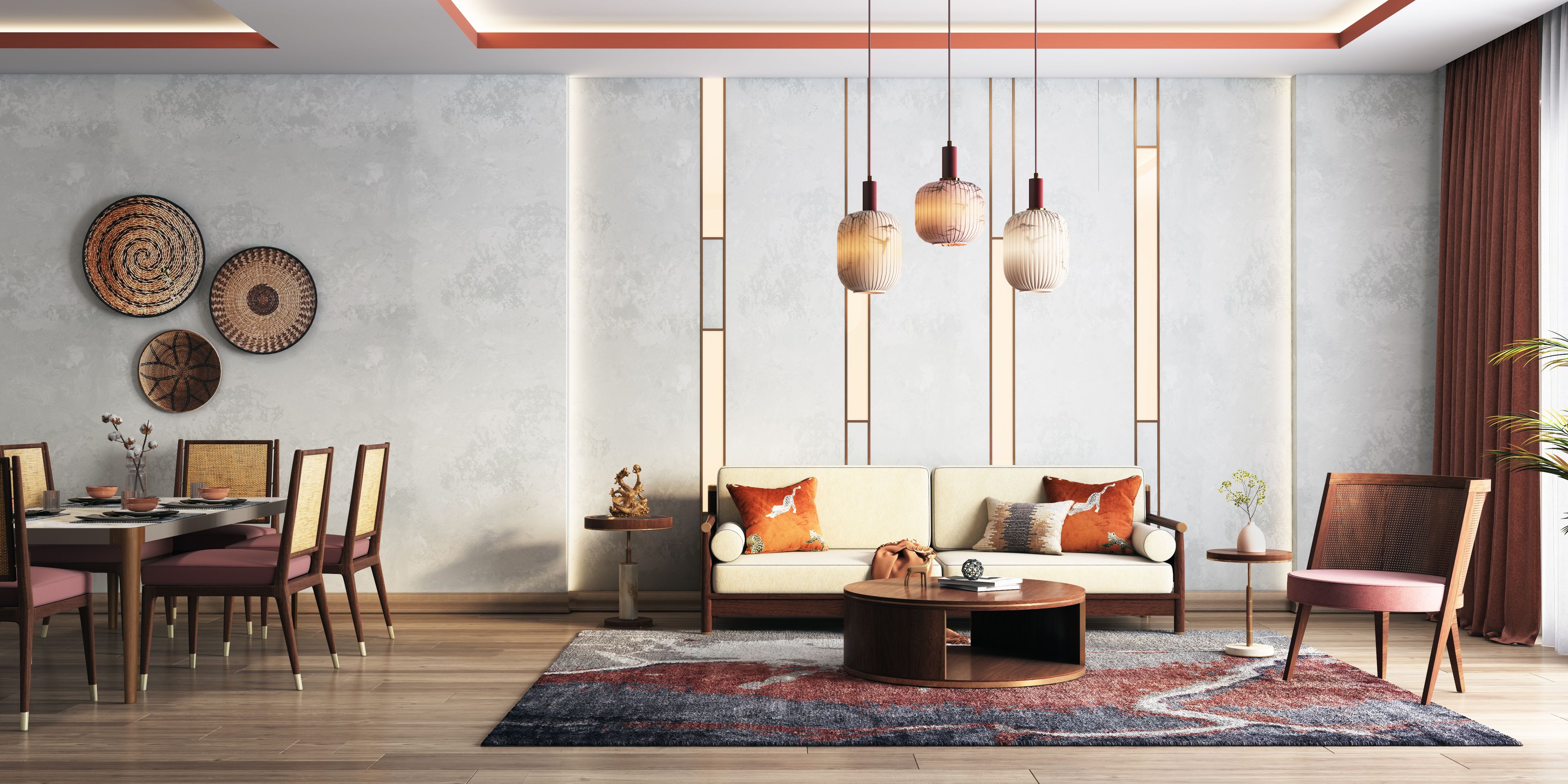 Spacious Living Room With Hanging Lamps And Wooden Furniture